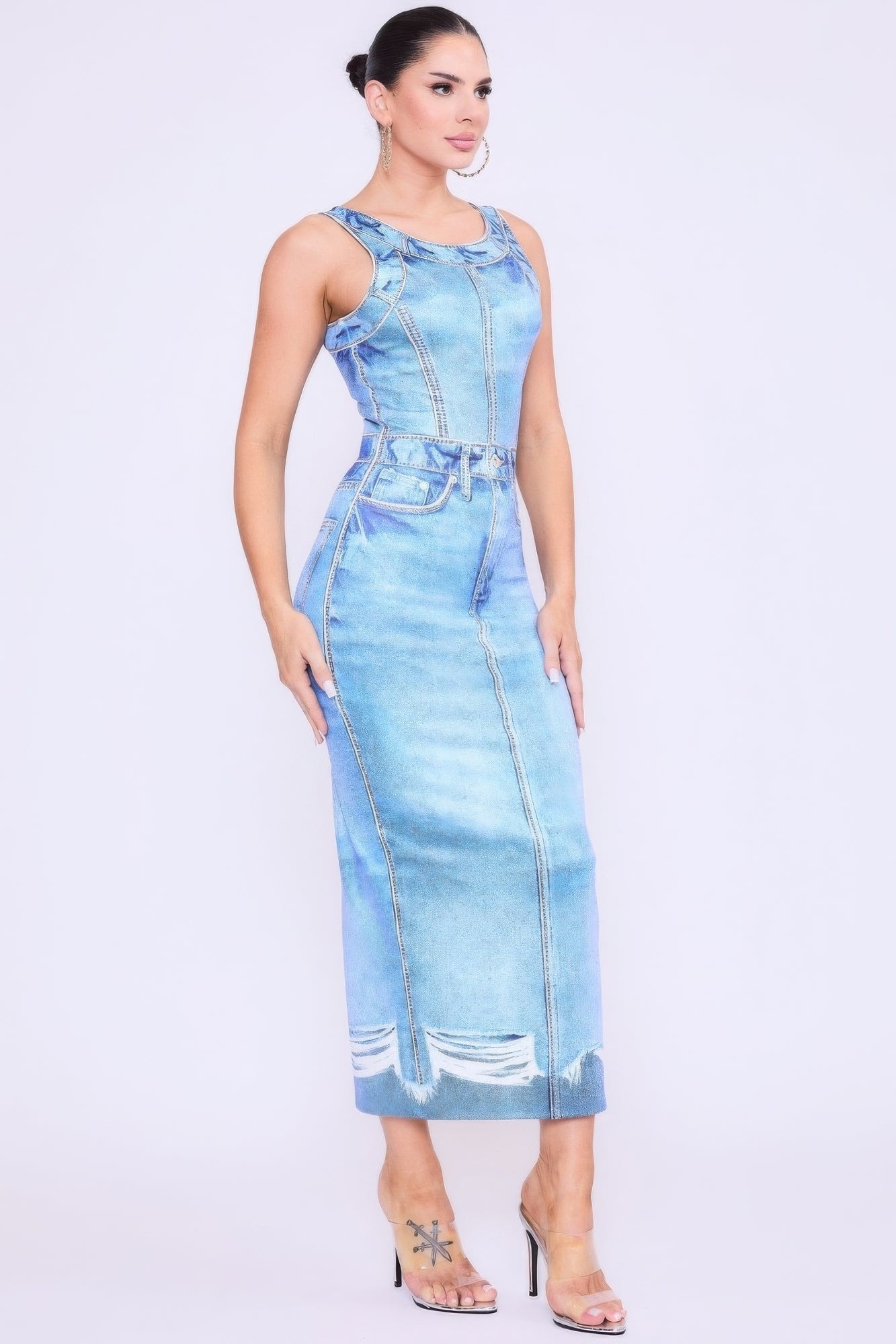 Denim Print Midi Dress - Loulou Boutique