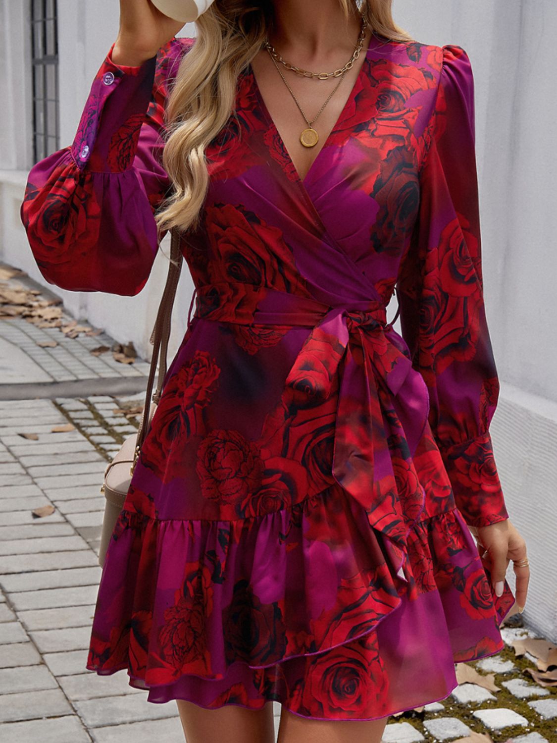 Devine Ruffled Printed Surplice Long Sleeve Mini Dress - Loulou Boutique