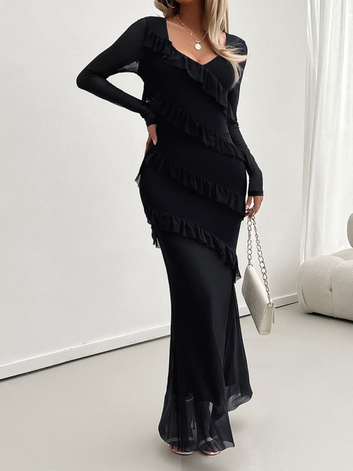 Devine Ruffled Surplice Long Sleeve Maxi Dress - Loulou Boutique