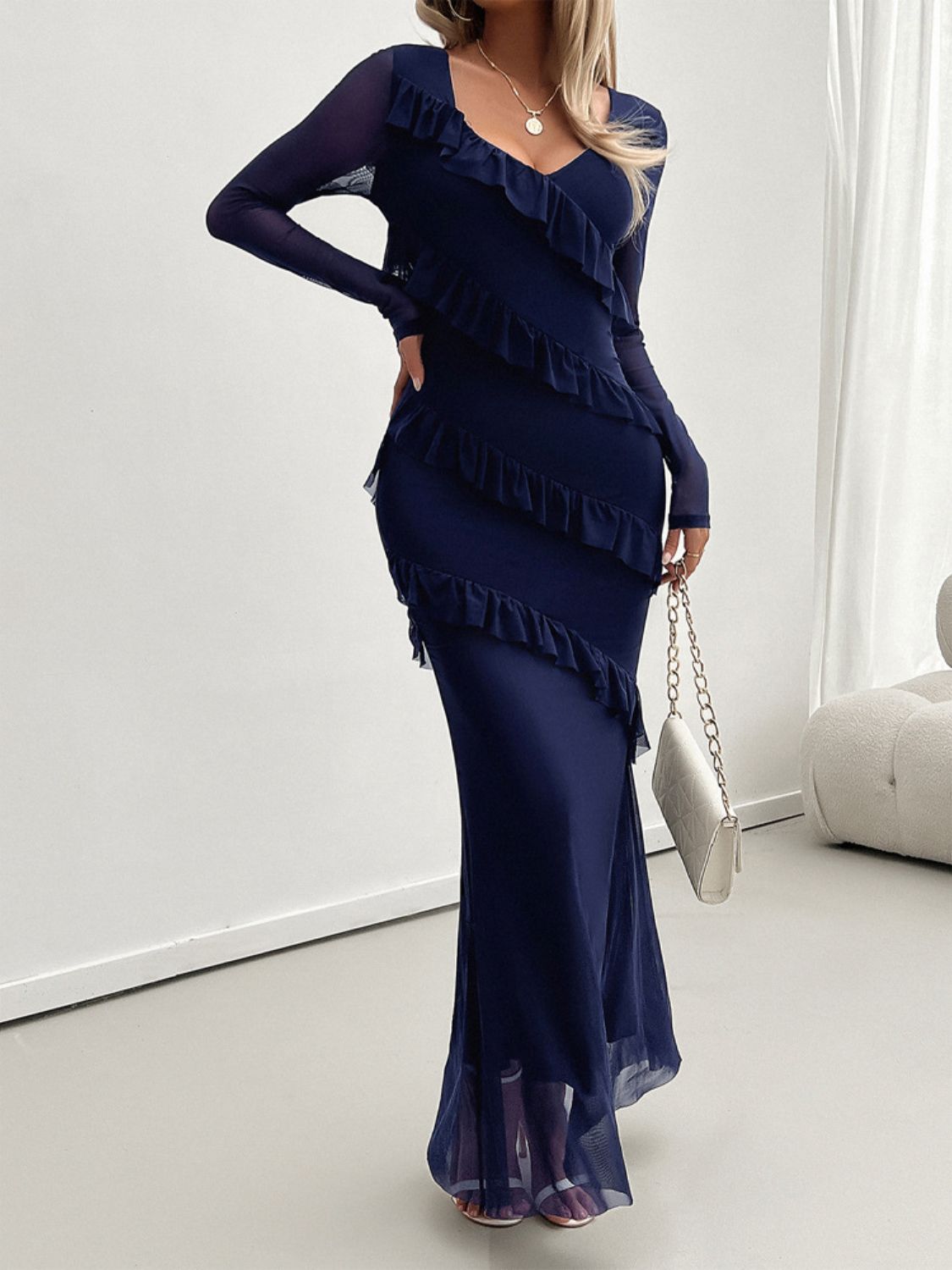 Devine Ruffled Surplice Long Sleeve Maxi Dress - Loulou Boutique