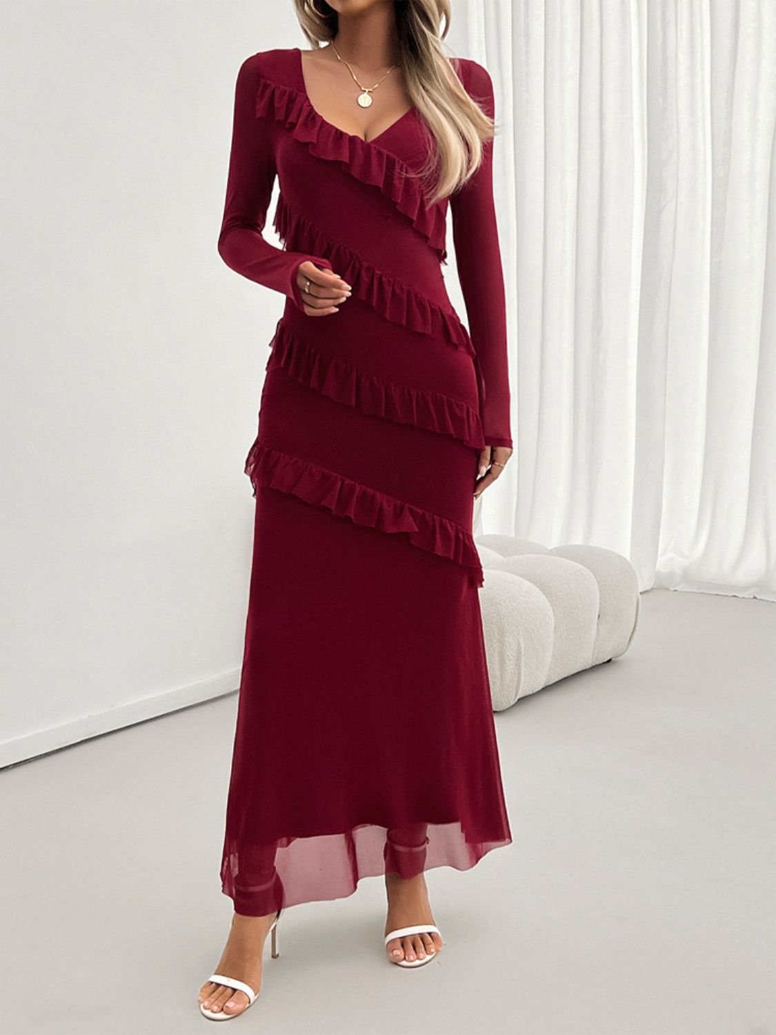 Devine Ruffled Surplice Long Sleeve Maxi Dress - Loulou Boutique