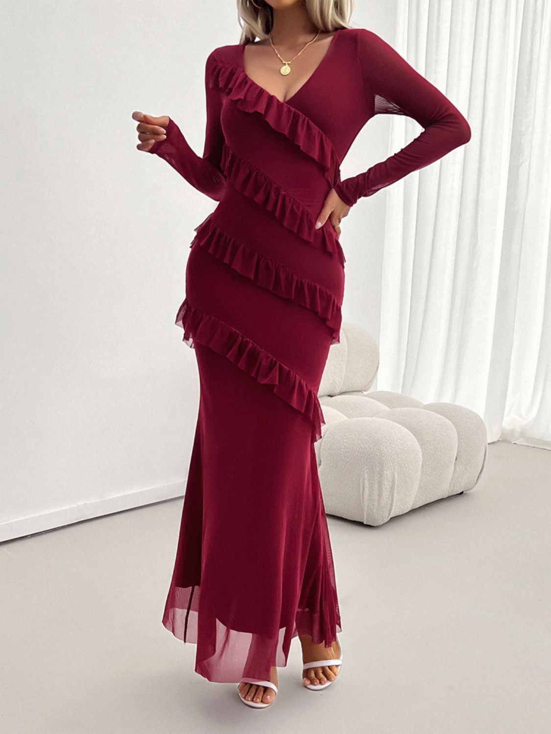 Devine Ruffled Surplice Long Sleeve Maxi Dress - Loulou Boutique