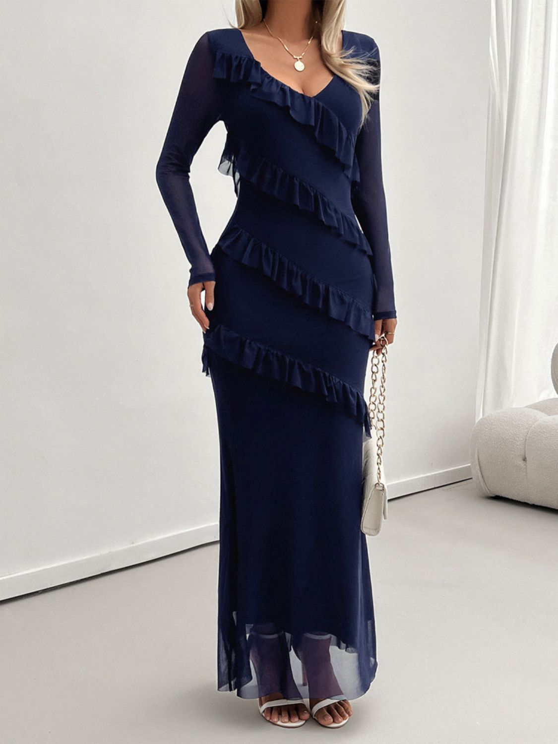 Devine Ruffled Surplice Long Sleeve Maxi Dress - Loulou Boutique