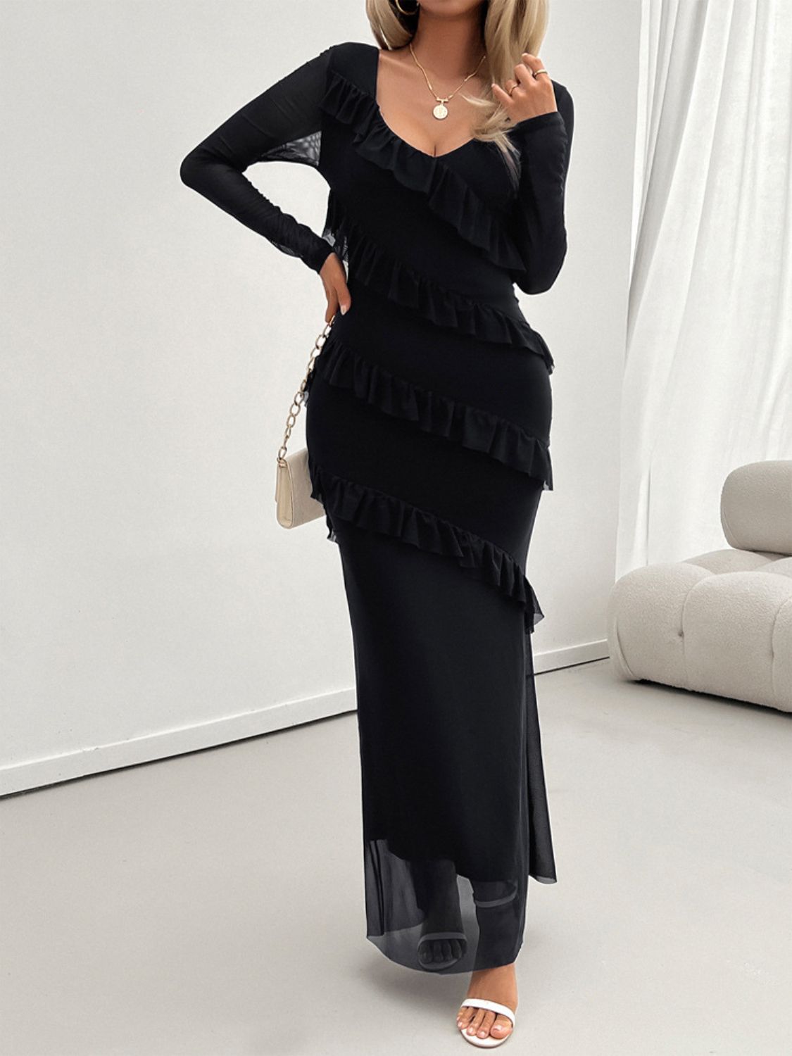 Devine Ruffled Surplice Long Sleeve Maxi Dress - Loulou Boutique