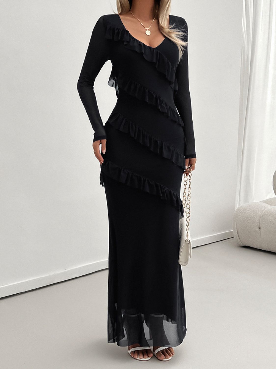 Devine Ruffled Surplice Long Sleeve Maxi Dress - Loulou Boutique