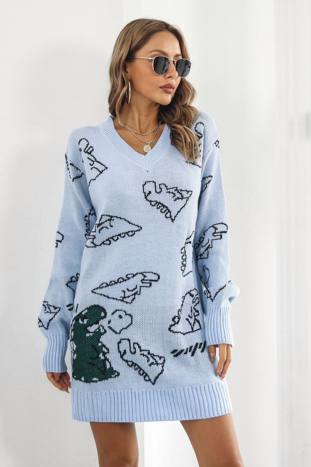 Dinosaur Pattern V - Neck Sweater Dress - Loulou Boutique