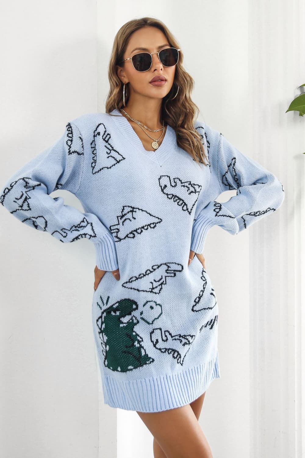 Dinosaur Pattern V - Neck Sweater Dress - Loulou Boutique