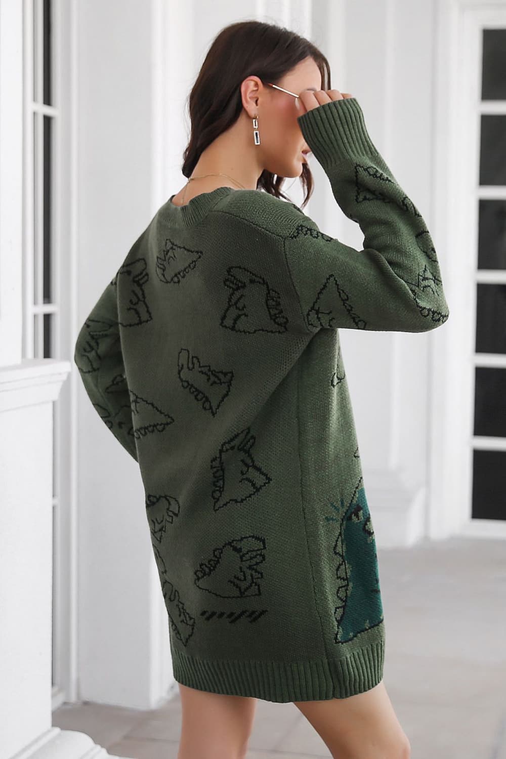 Dinosaur Pattern V - Neck Sweater Dress - Loulou Boutique