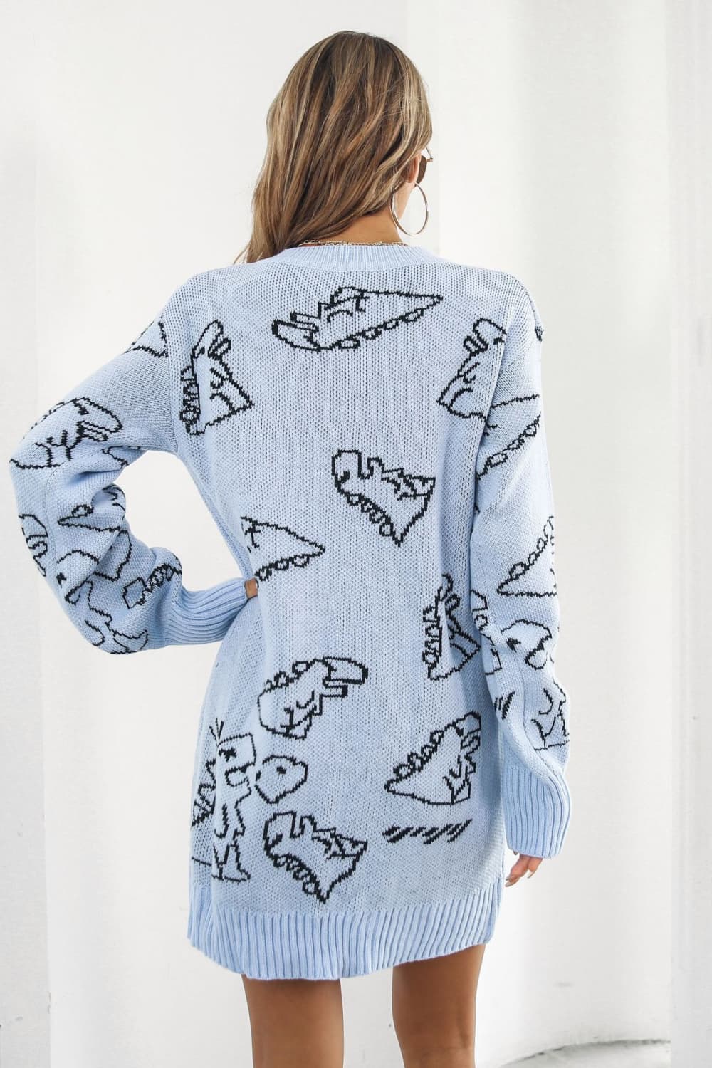 Dinosaur Pattern V - Neck Sweater Dress - Loulou Boutique