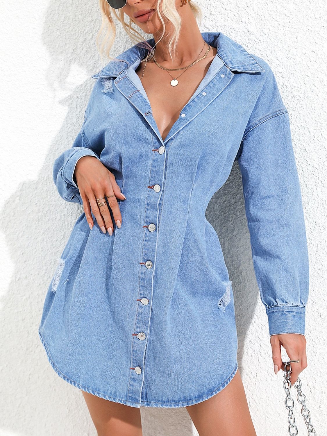 Distressed Button Up Long Sleeve Denim Dress - Loulou Boutique