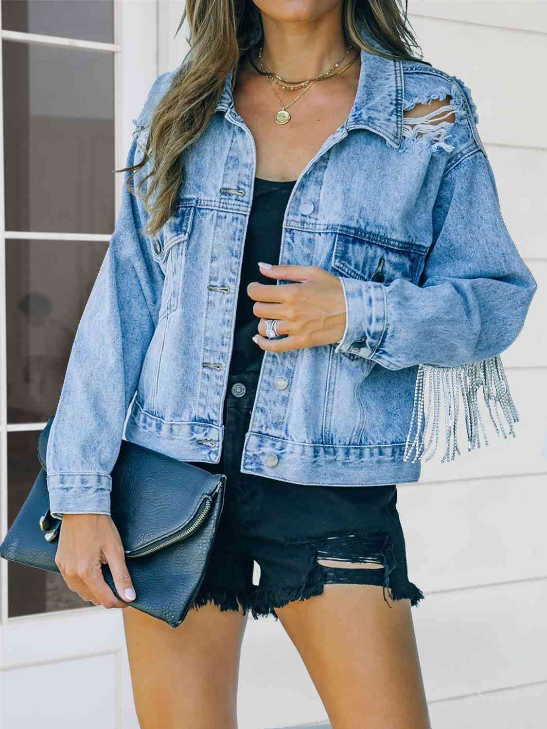 Distressed Fringe Denim Jacket - Loulou Boutique