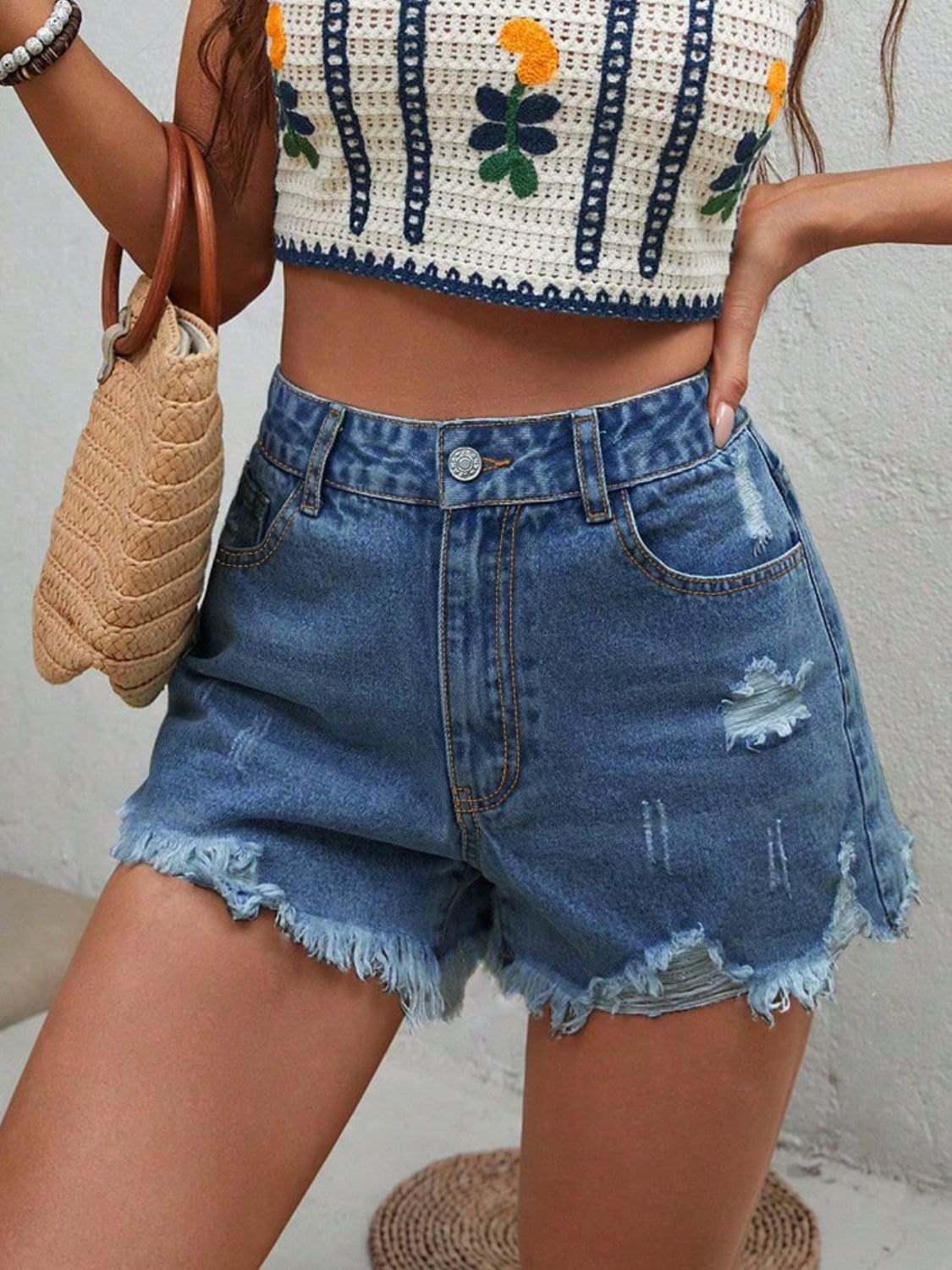 Distressed Raw Hem Denim Shorts - Loulou Boutique