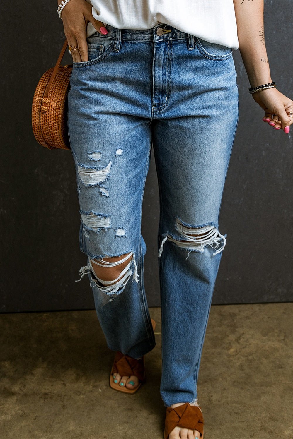 Distressed Raw Hem Jeans with Pockets - Loulou Boutique