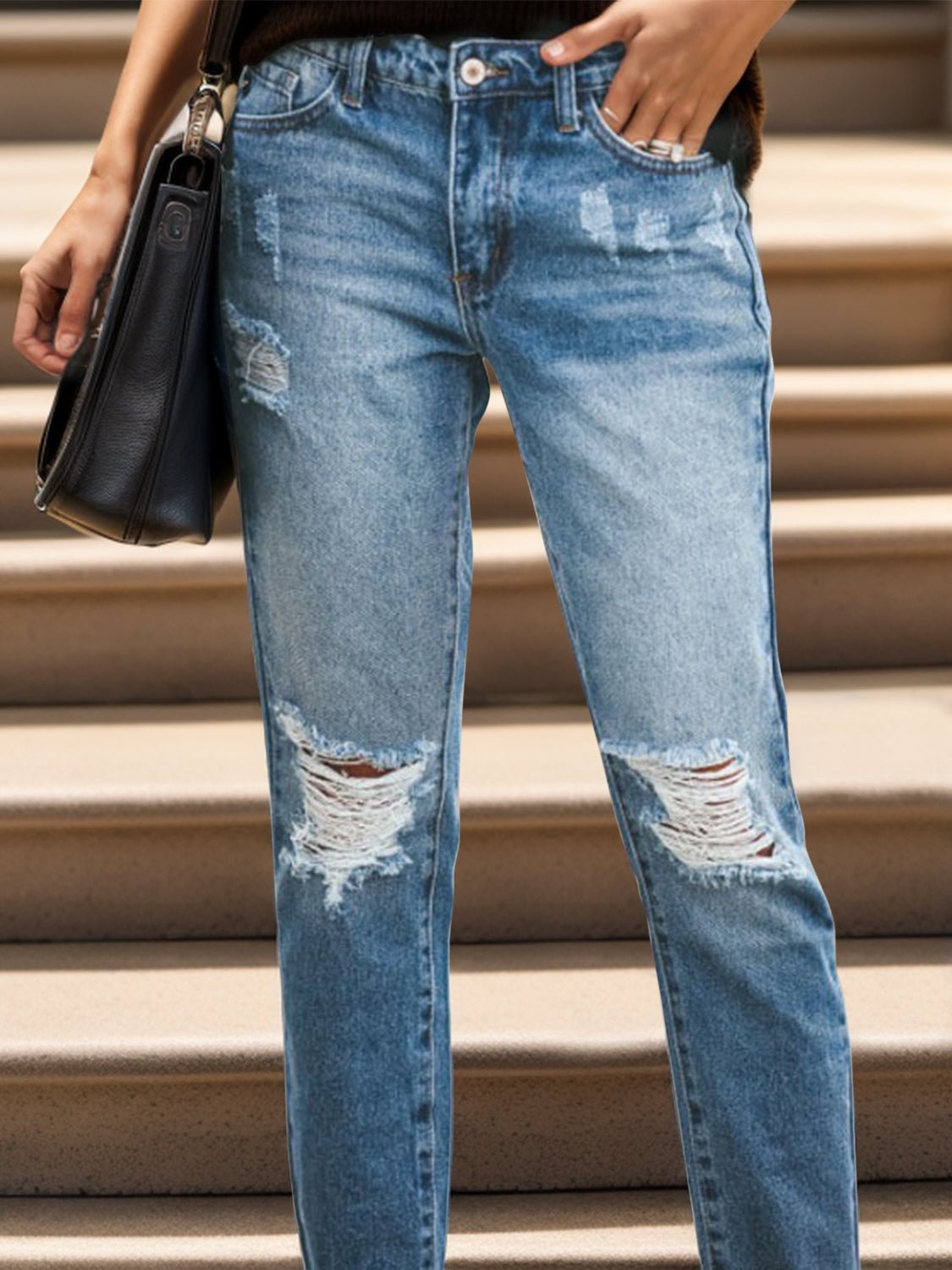 Distressed Raw Hem Jeans with Pockets - Loulou Boutique