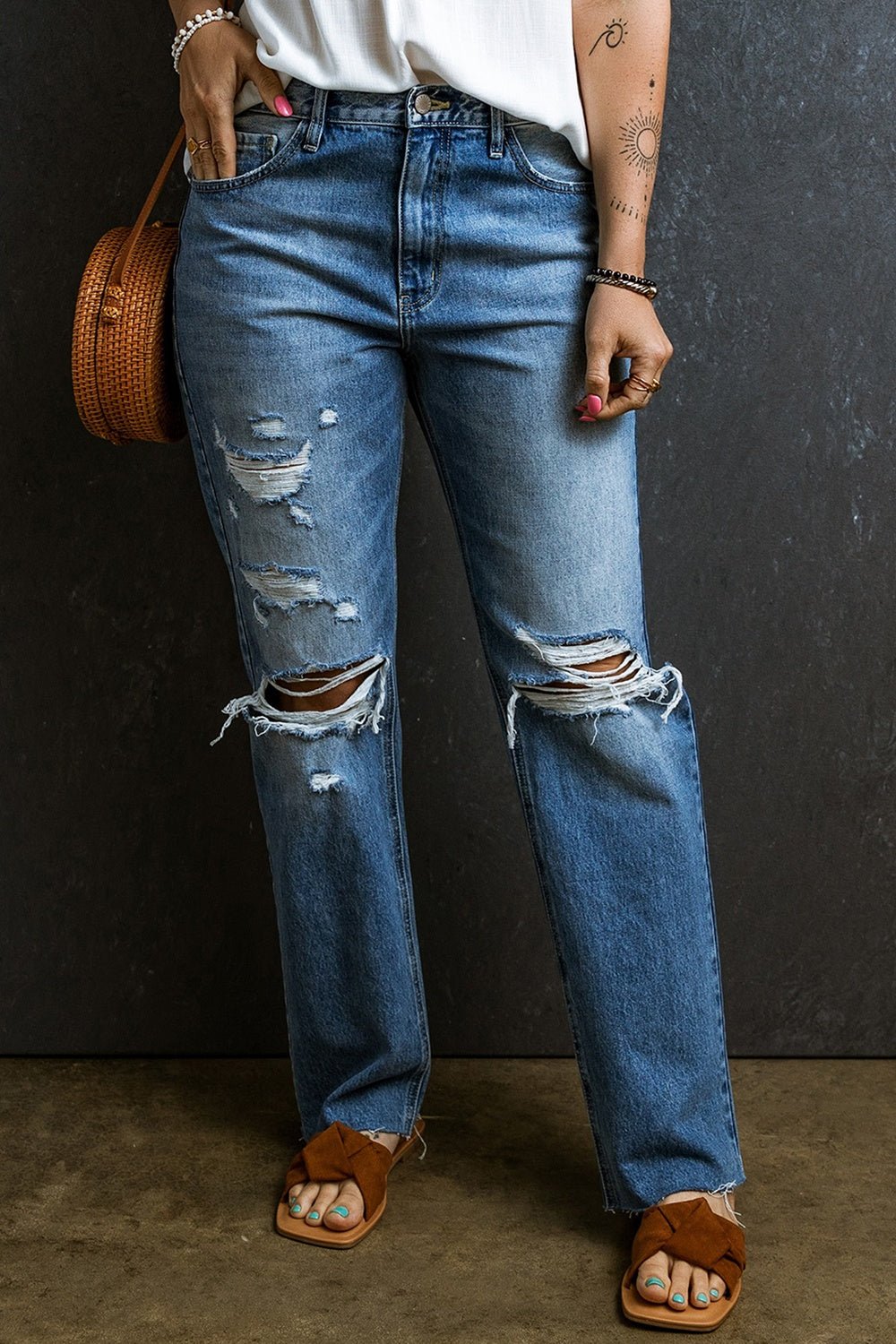 Distressed Raw Hem Jeans with Pockets - Loulou Boutique