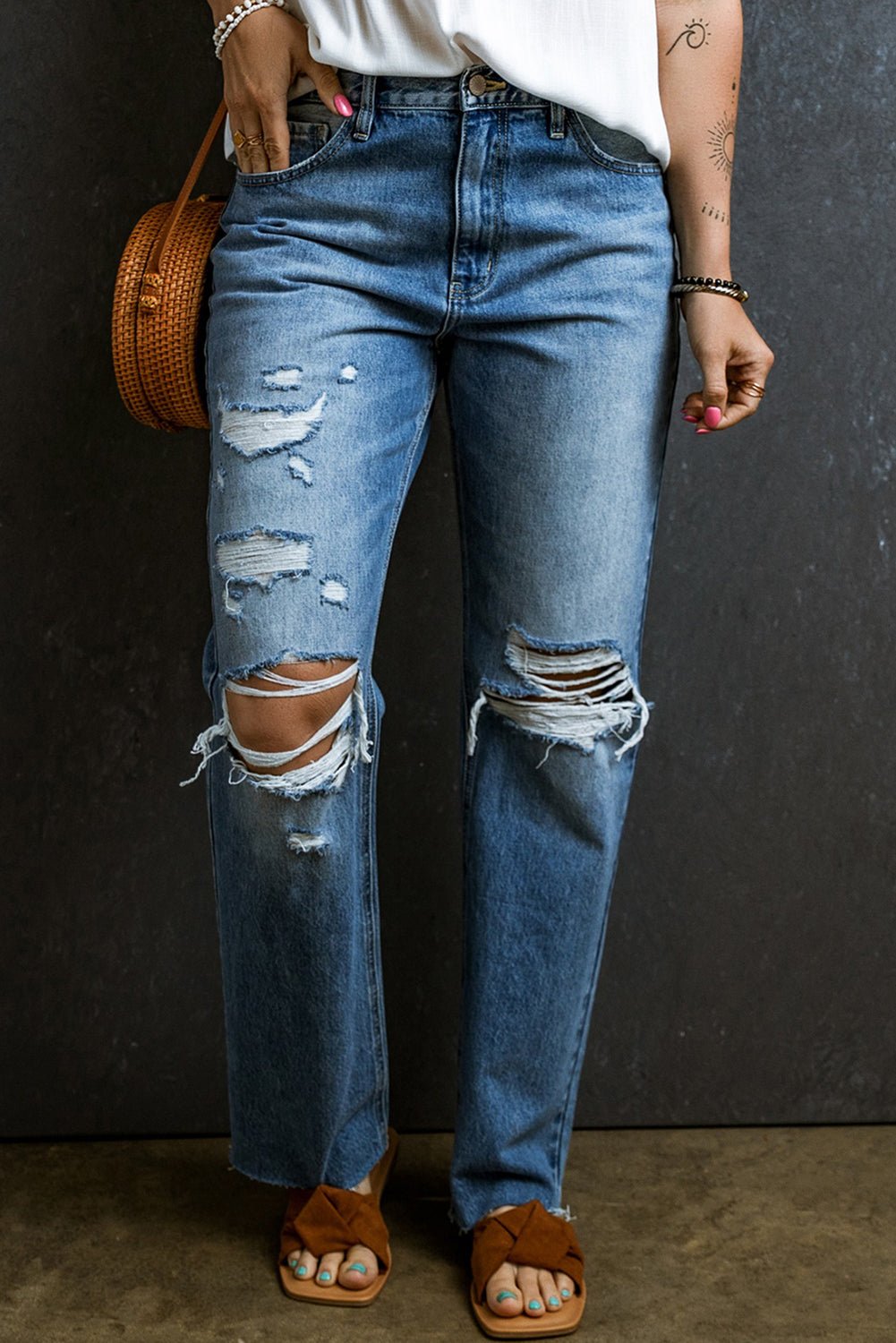 Distressed Raw Hem Jeans with Pockets - Loulou Boutique