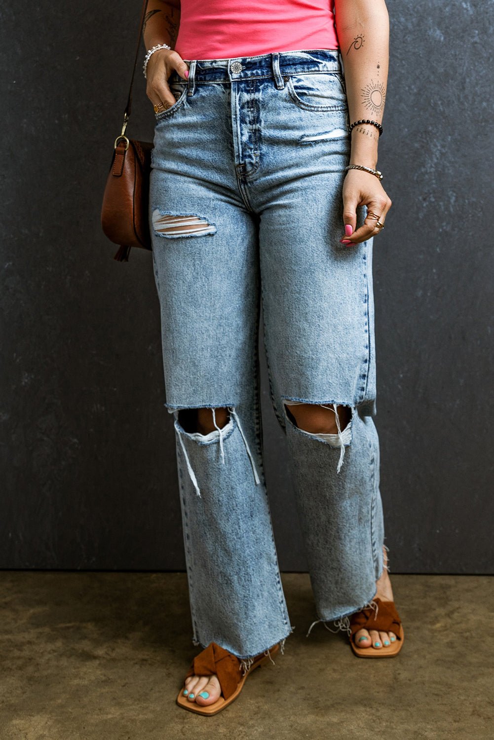 Distressed Raw Hem Straight Jeans - Loulou Boutique