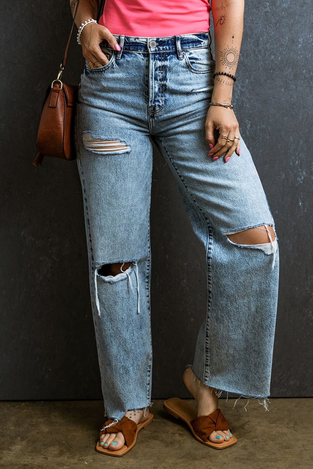 Distressed Raw Hem Straight Jeans - Loulou Boutique