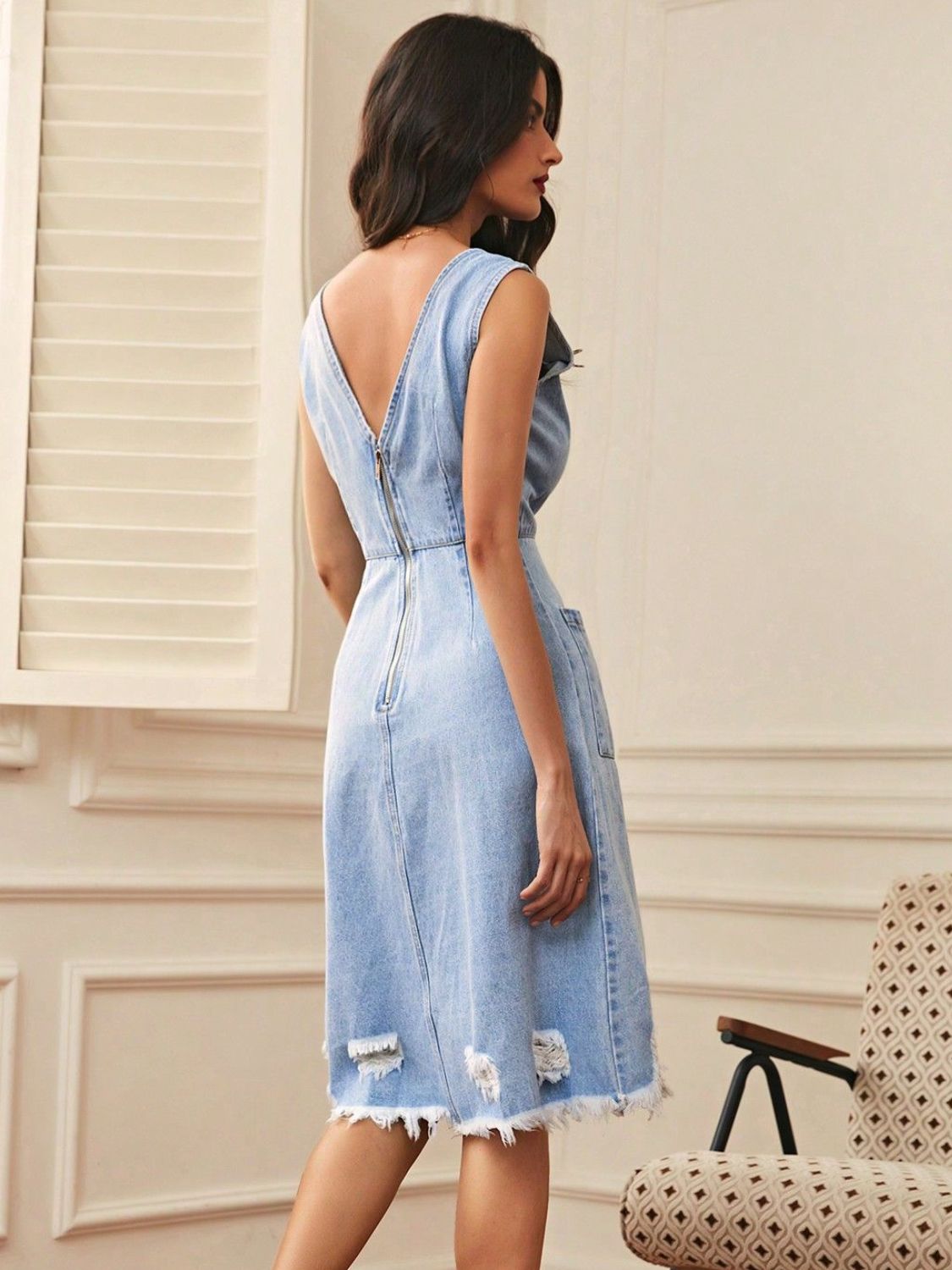 Distressed Raw Hem V - Neck Sleeveless Denim Dress - Loulou Boutique