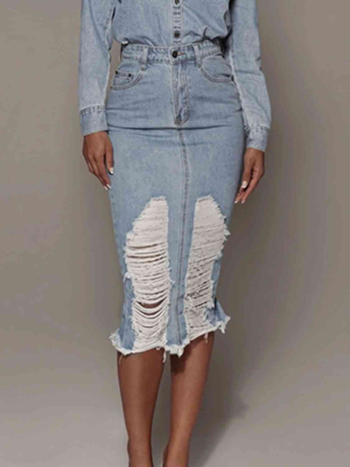 Distressed Slit Denim Skirt - Loulou Boutique