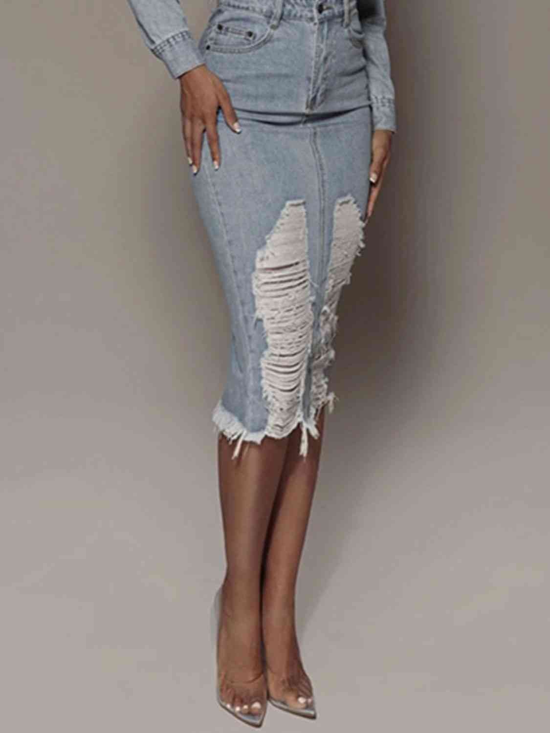 Distressed Slit Denim Skirt - Loulou Boutique