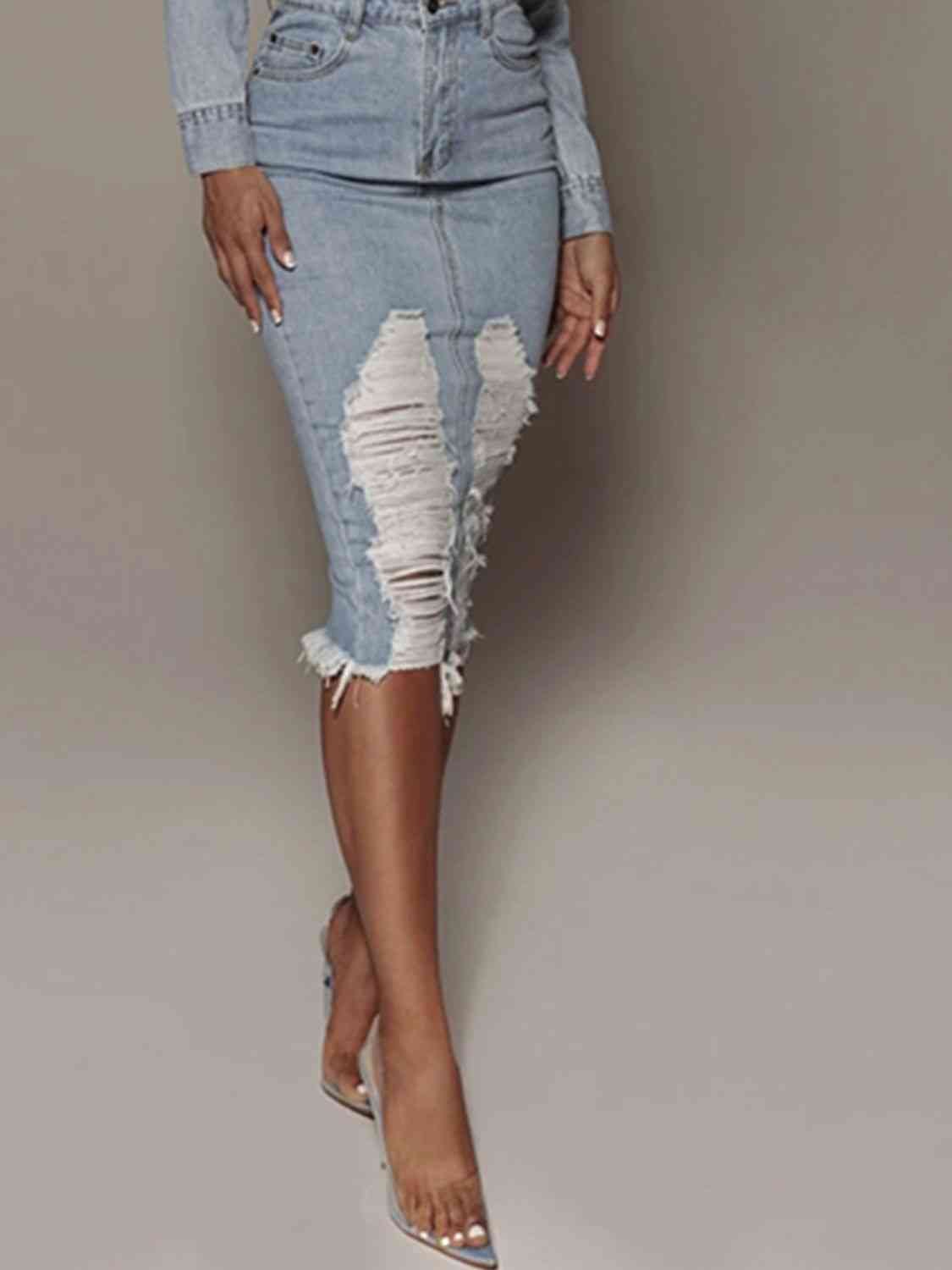 Distressed Slit Denim Skirt - Loulou Boutique