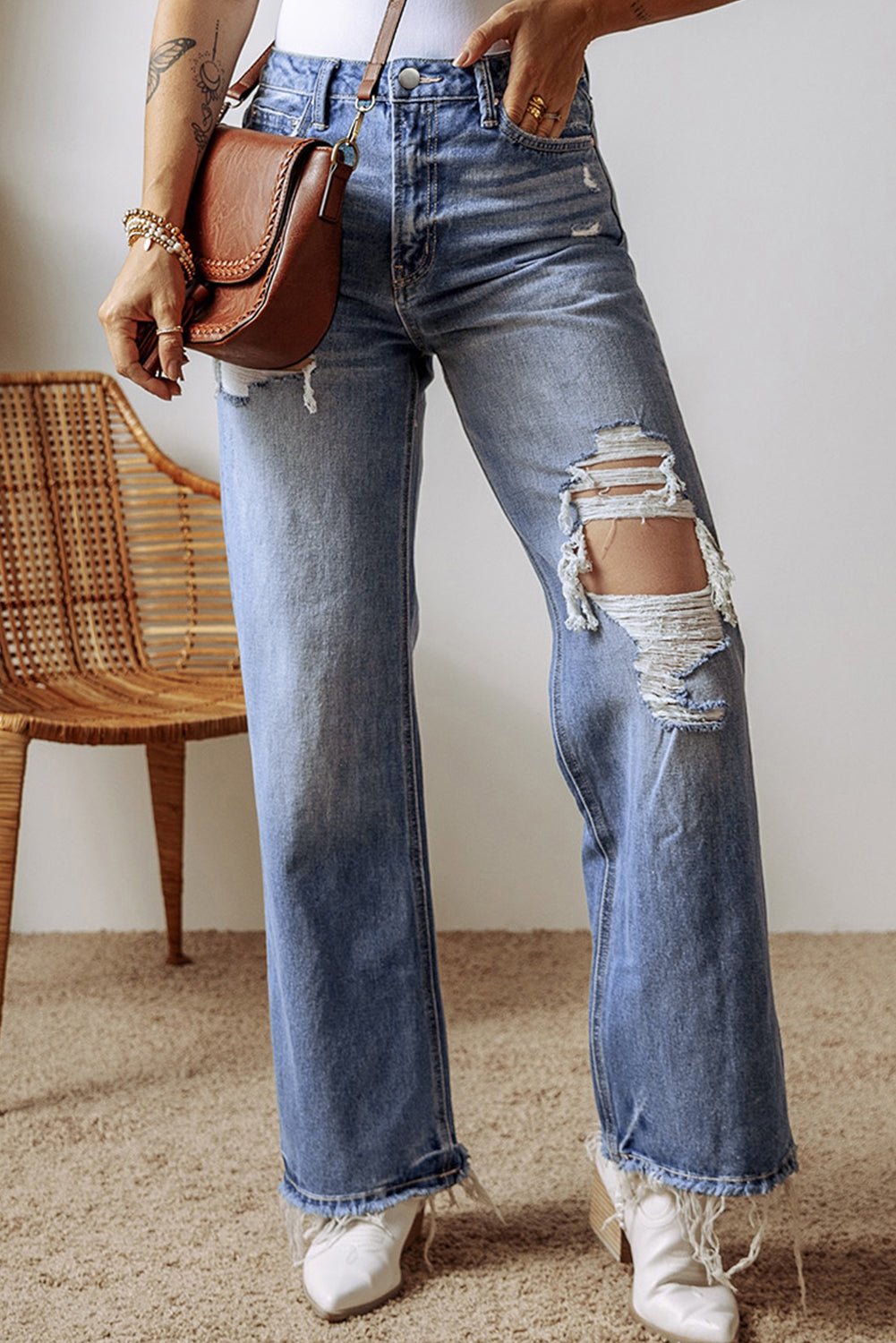 Distressed Straight Leg Jeans with Pockets - Loulou Boutique