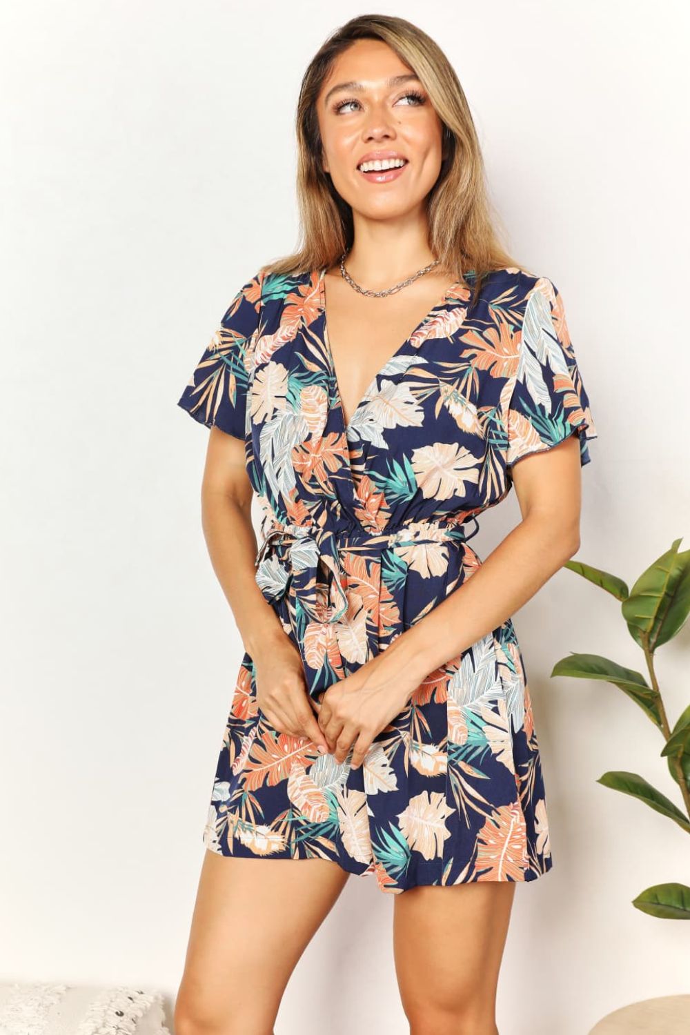 Double Take Botanical Print Surplice Neck Tie Waist Romper - Loulou Boutique