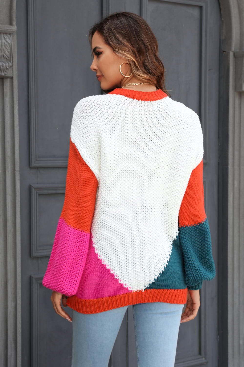 Double Take Color Block Round Neck Drop Shoulder Sweater - Loulou Boutique