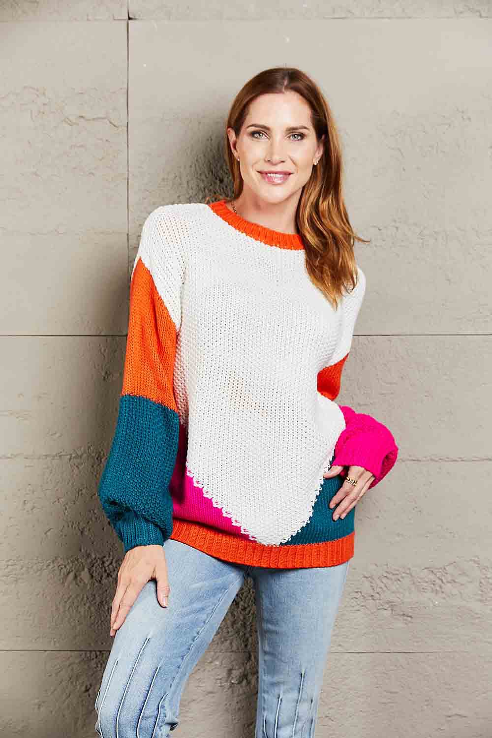 Double Take Color Block Round Neck Drop Shoulder Sweater - Loulou Boutique