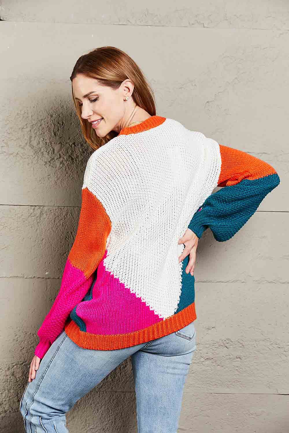 Double Take Color Block Round Neck Drop Shoulder Sweater - Loulou Boutique