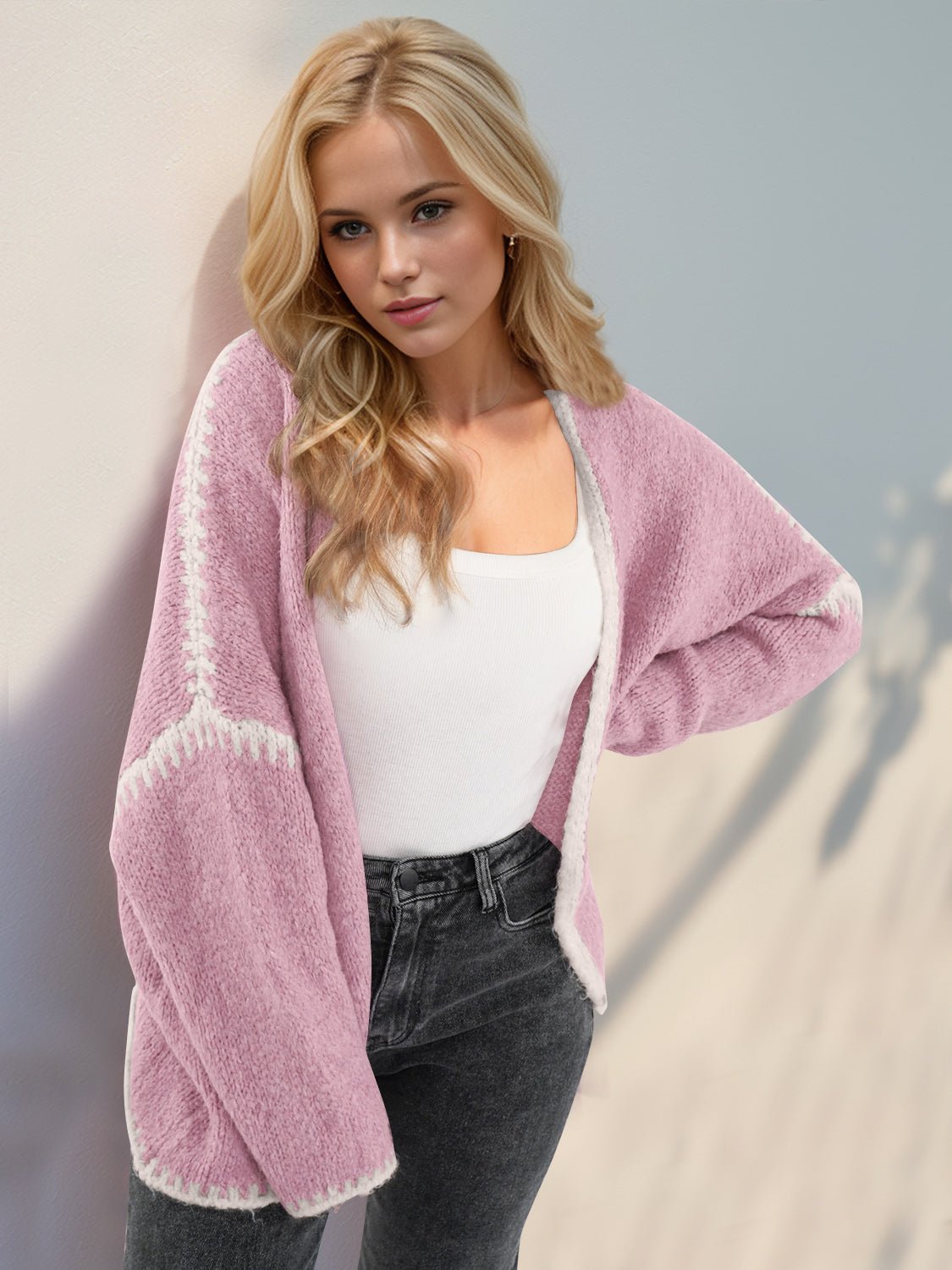 Double Take Contrast Open Front Dropped Shoulder Cardigan - Loulou Boutique