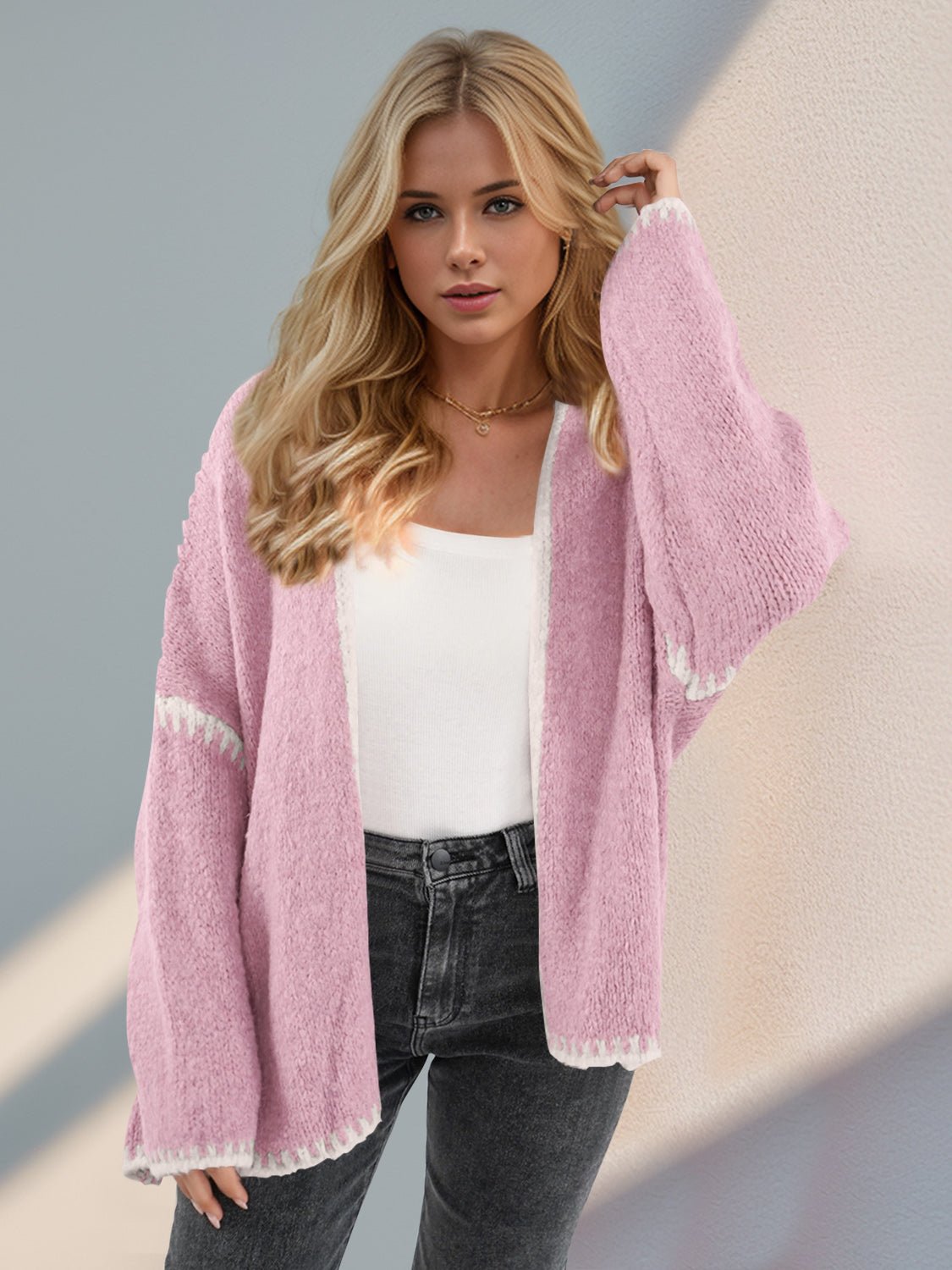 Double Take Contrast Open Front Dropped Shoulder Cardigan - Loulou Boutique