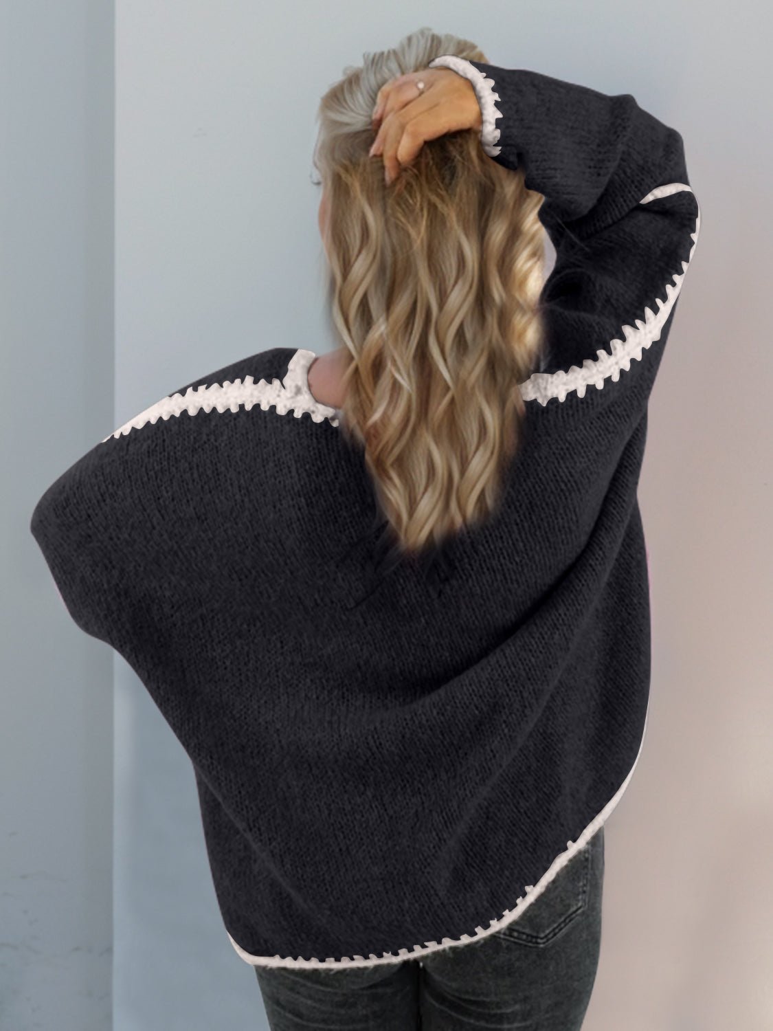 Double Take Contrast Open Front Dropped Shoulder Cardigan - Loulou Boutique