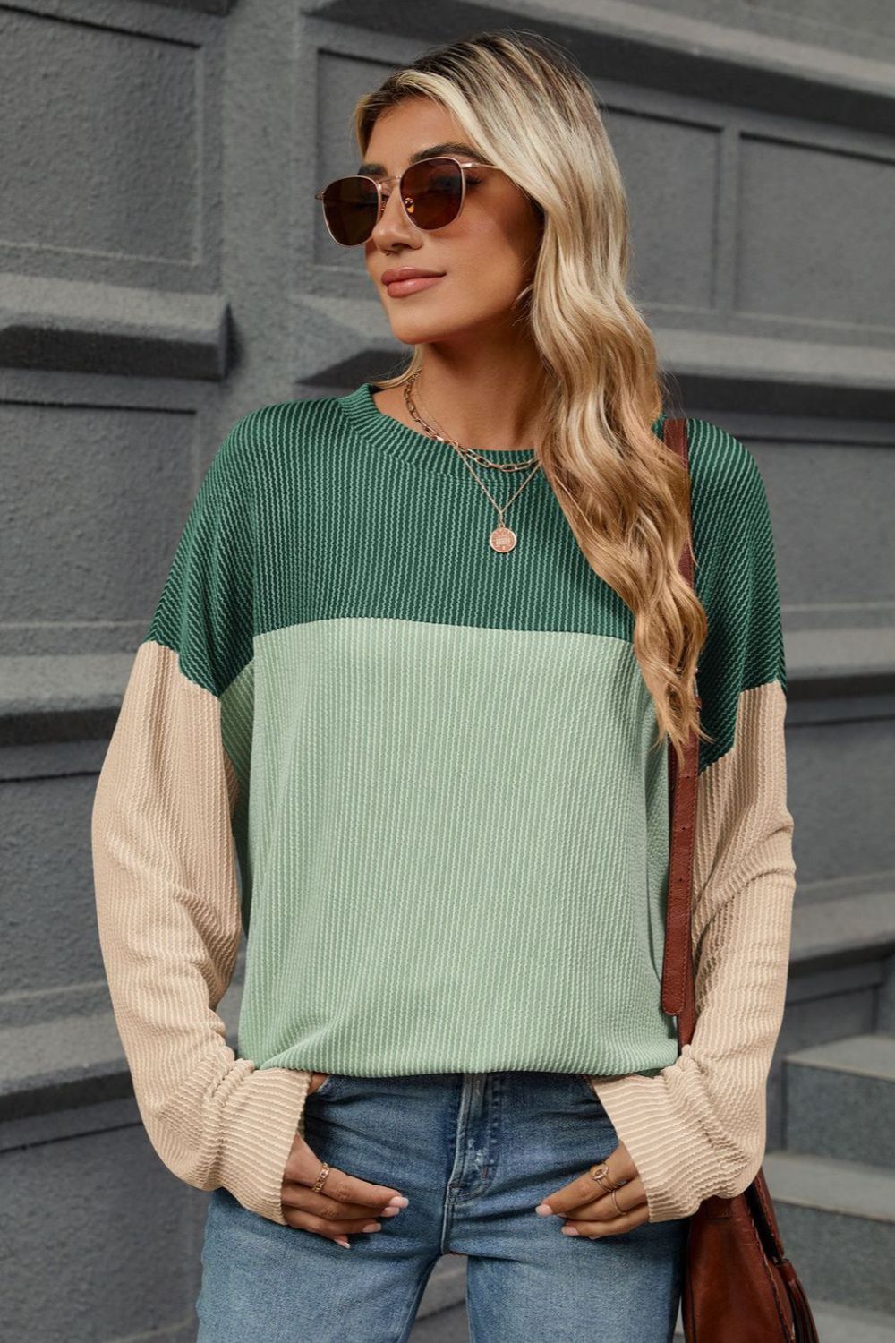 Double Take Contrast Round Neck Long Sleeve T-Shirt - Loulou Boutique