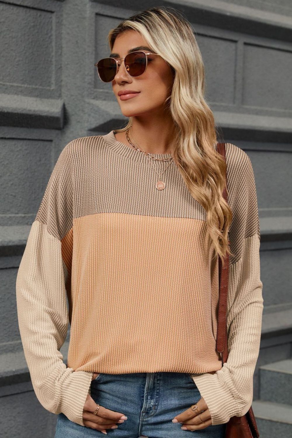 Double Take Contrast Round Neck Long Sleeve T-Shirt - Loulou Boutique