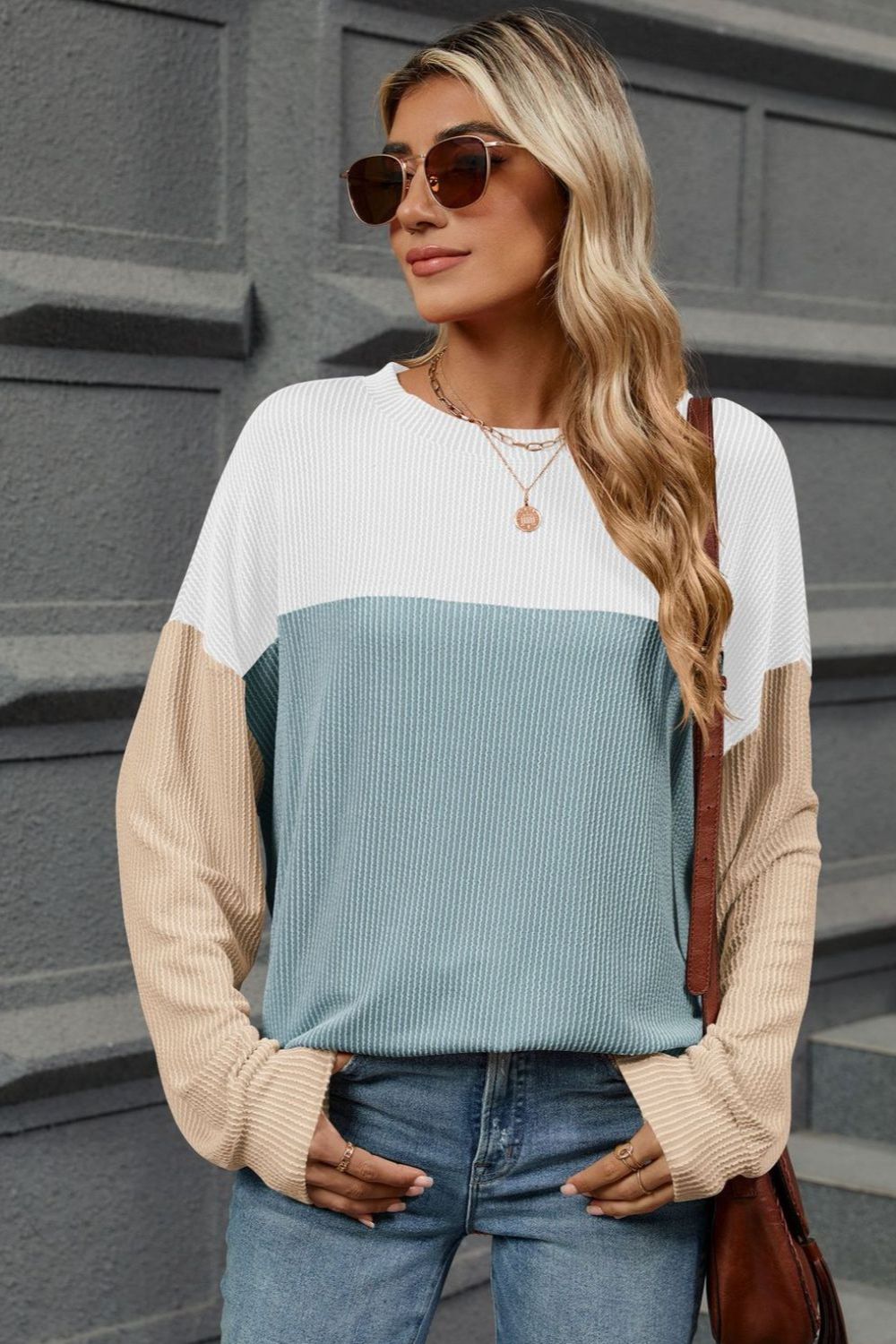 Double Take Contrast Round Neck Long Sleeve T-Shirt - Loulou Boutique