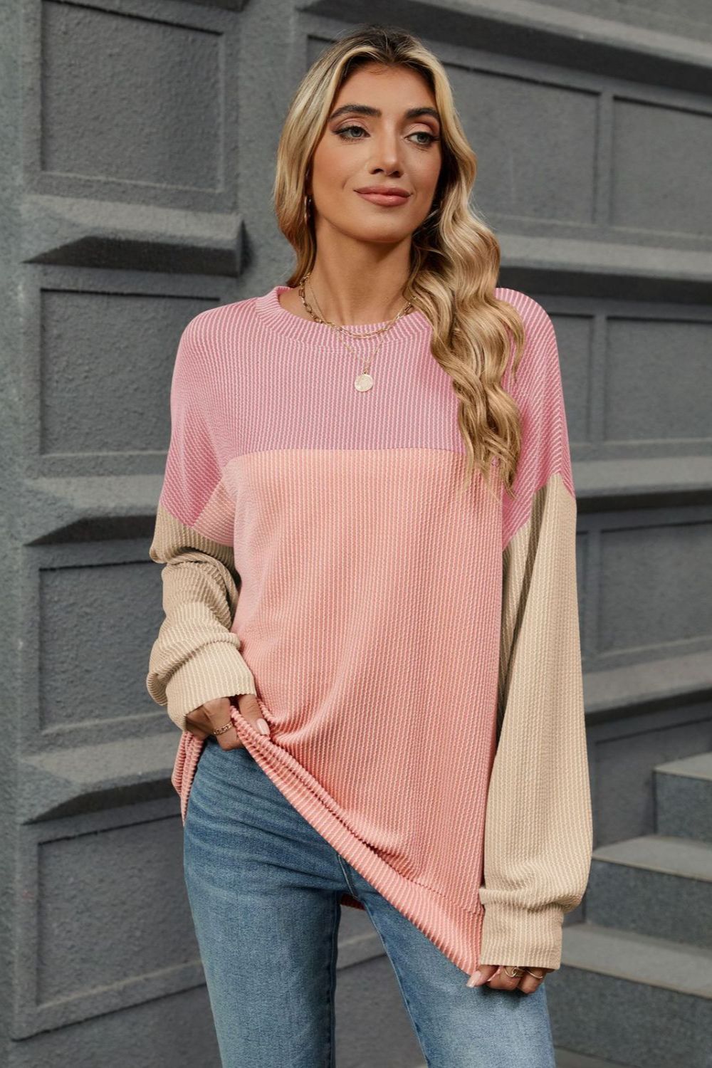 Double Take Contrast Round Neck Long Sleeve T-Shirt - Loulou Boutique