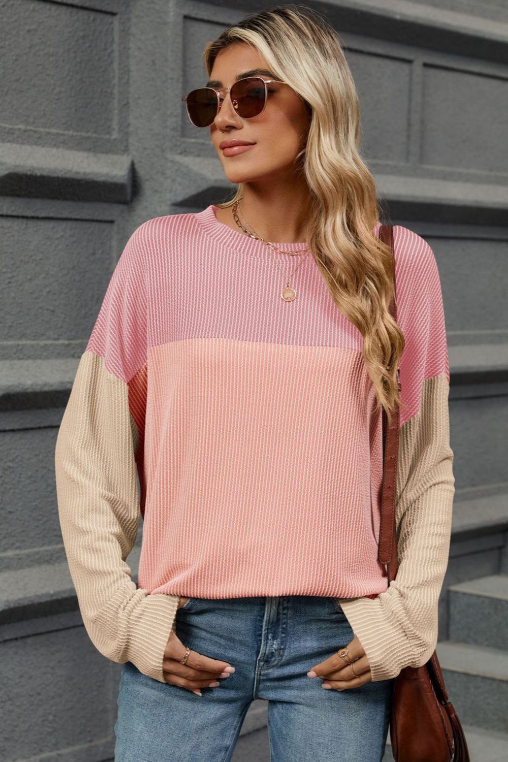 Double Take Contrast Round Neck Long Sleeve T-Shirt - Loulou Boutique