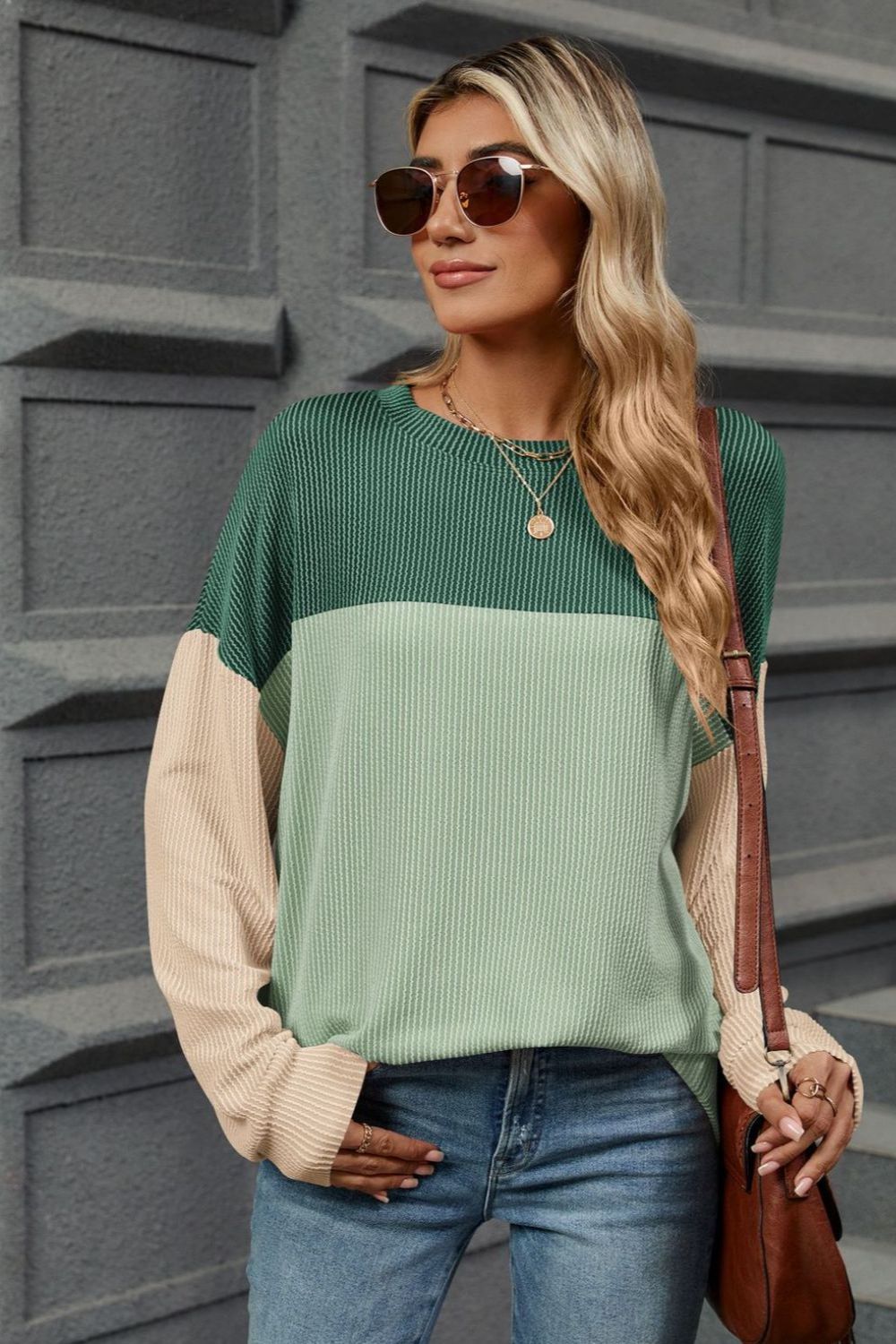 Double Take Contrast Round Neck Long Sleeve T-Shirt - Loulou Boutique