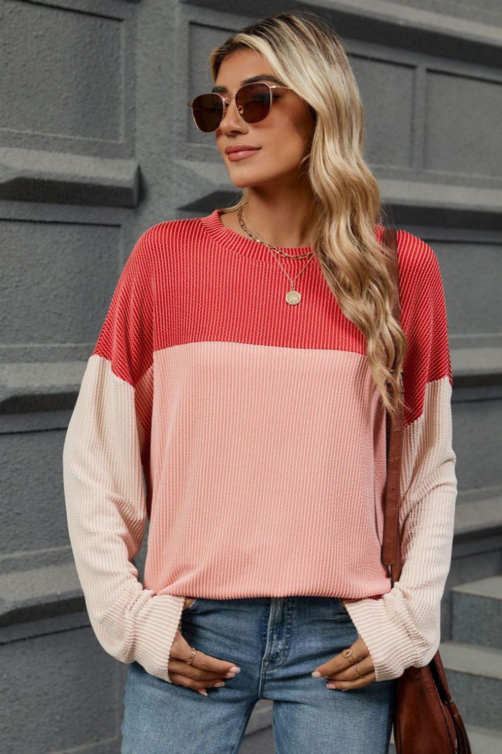 Double Take Contrast Round Neck Long Sleeve T-Shirt - Loulou Boutique