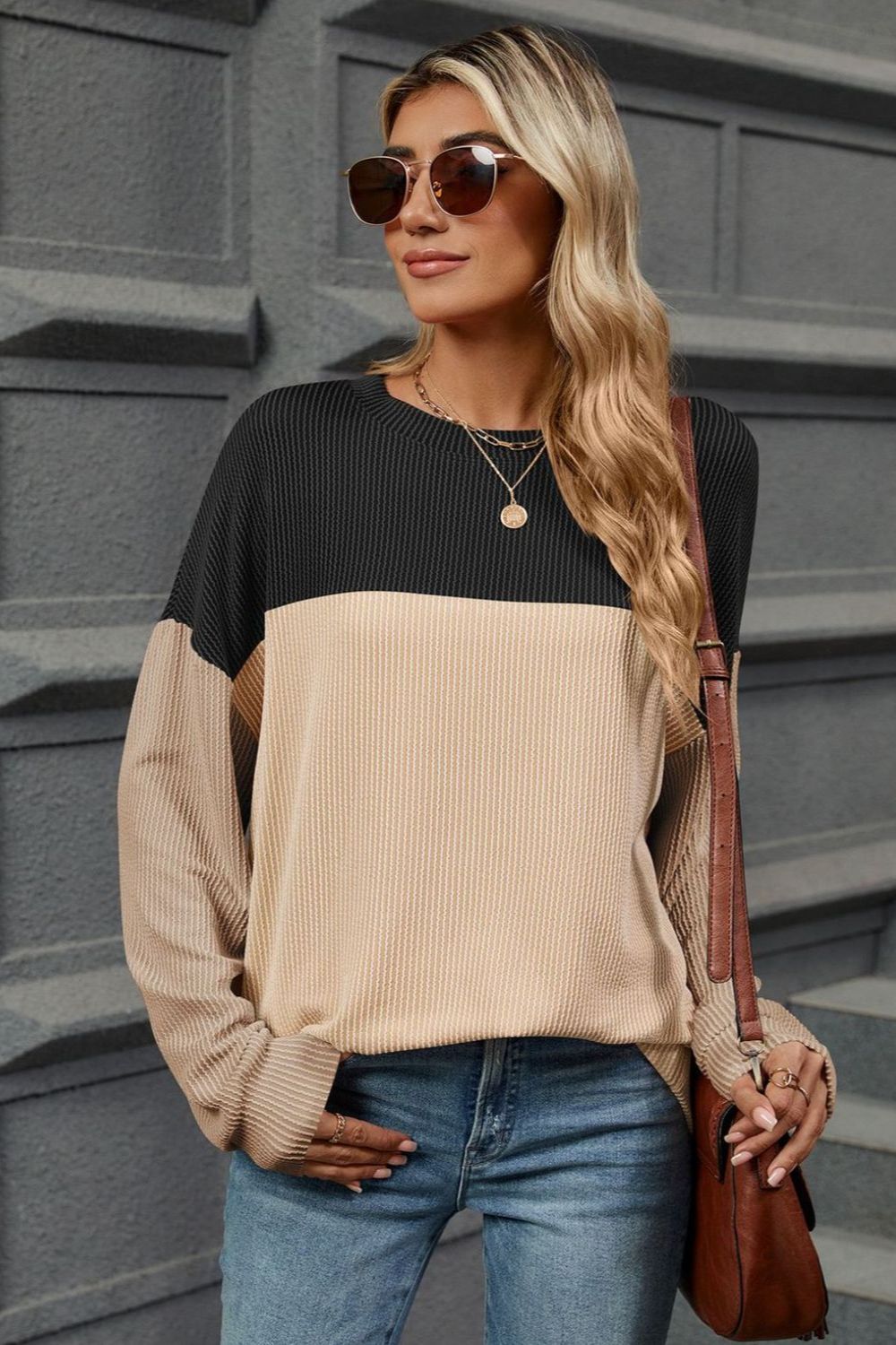 Double Take Contrast Round Neck Long Sleeve T-Shirt - Loulou Boutique