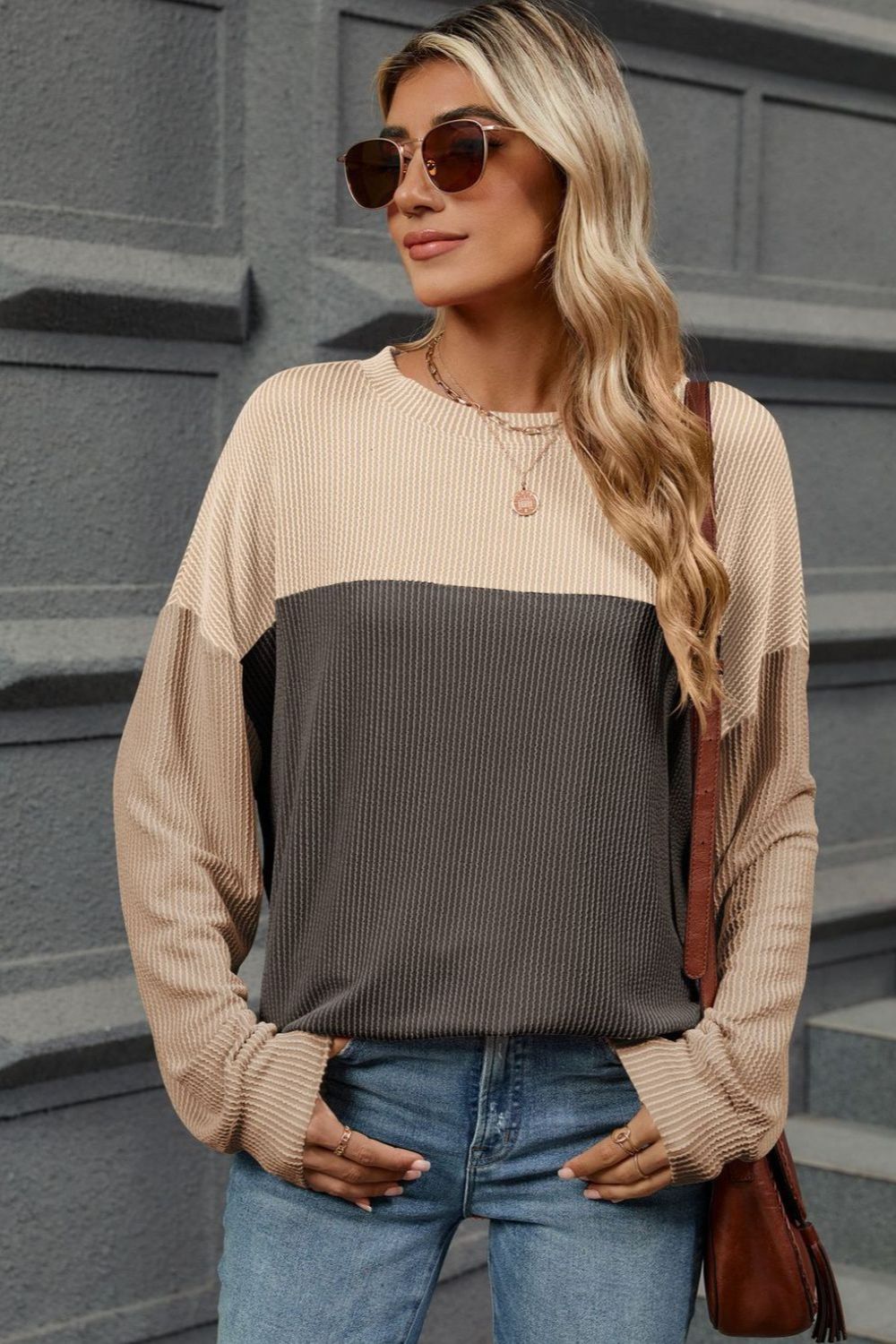 Double Take Contrast Round Neck Long Sleeve T-Shirt - Loulou Boutique