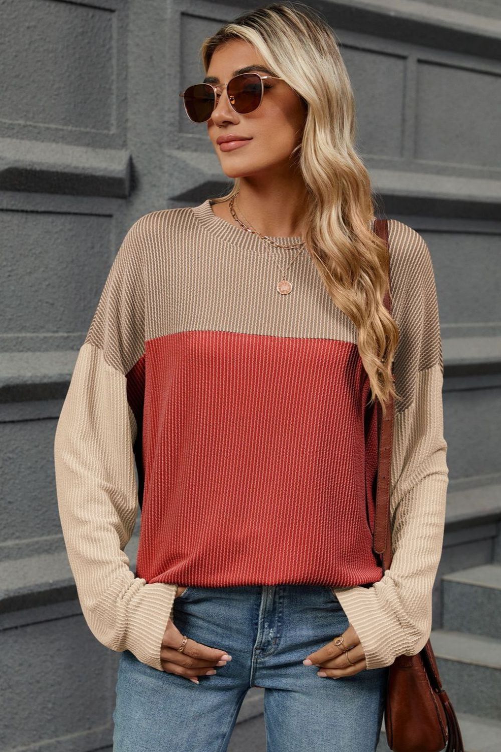 Double Take Contrast Round Neck Long Sleeve T-Shirt - Loulou Boutique