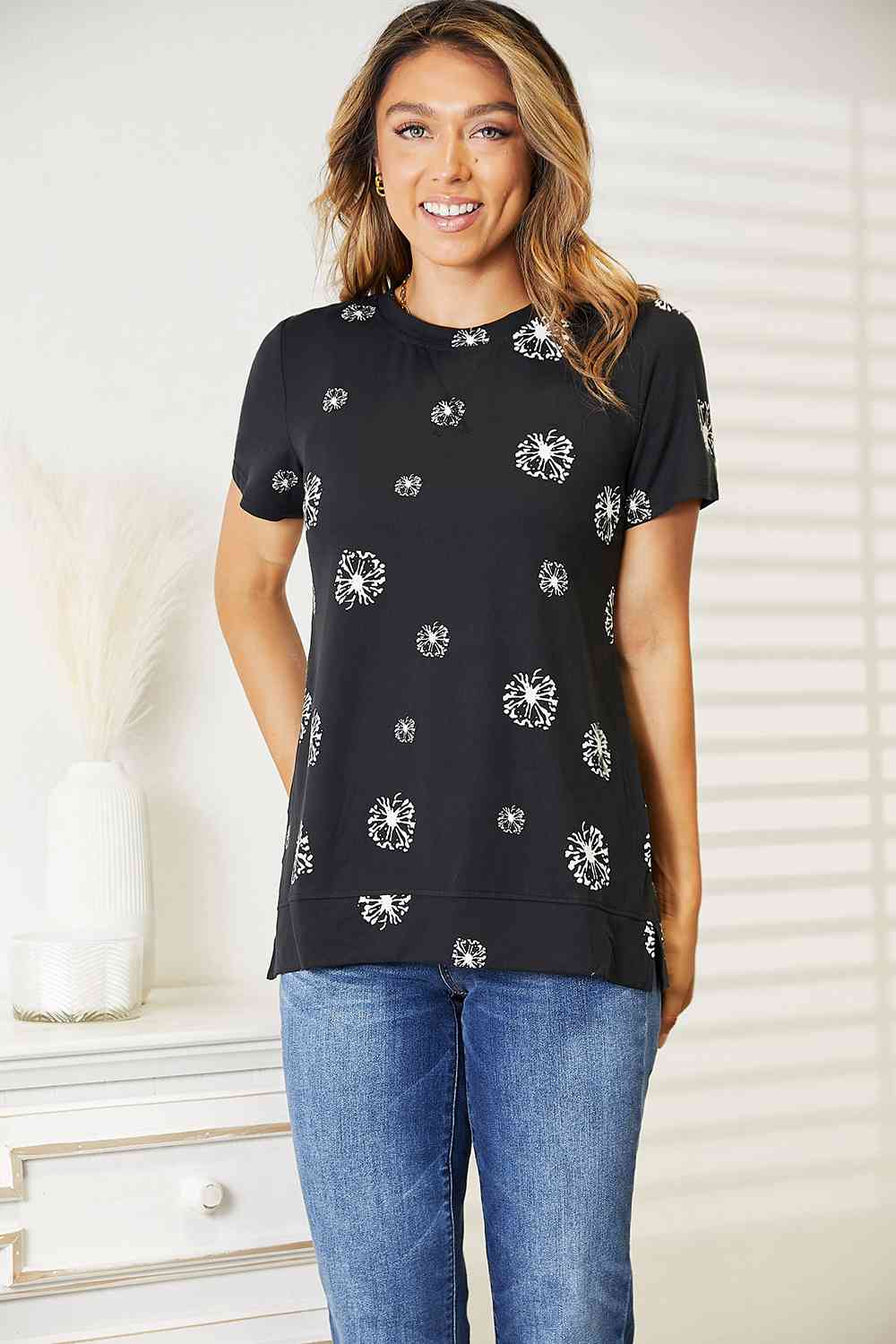 Double Take Dandelion Print Round Neck T - Shirt - Loulou Boutique