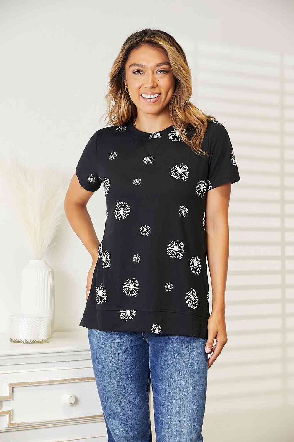 Double Take Dandelion Print Round Neck T - Shirt - Loulou Boutique