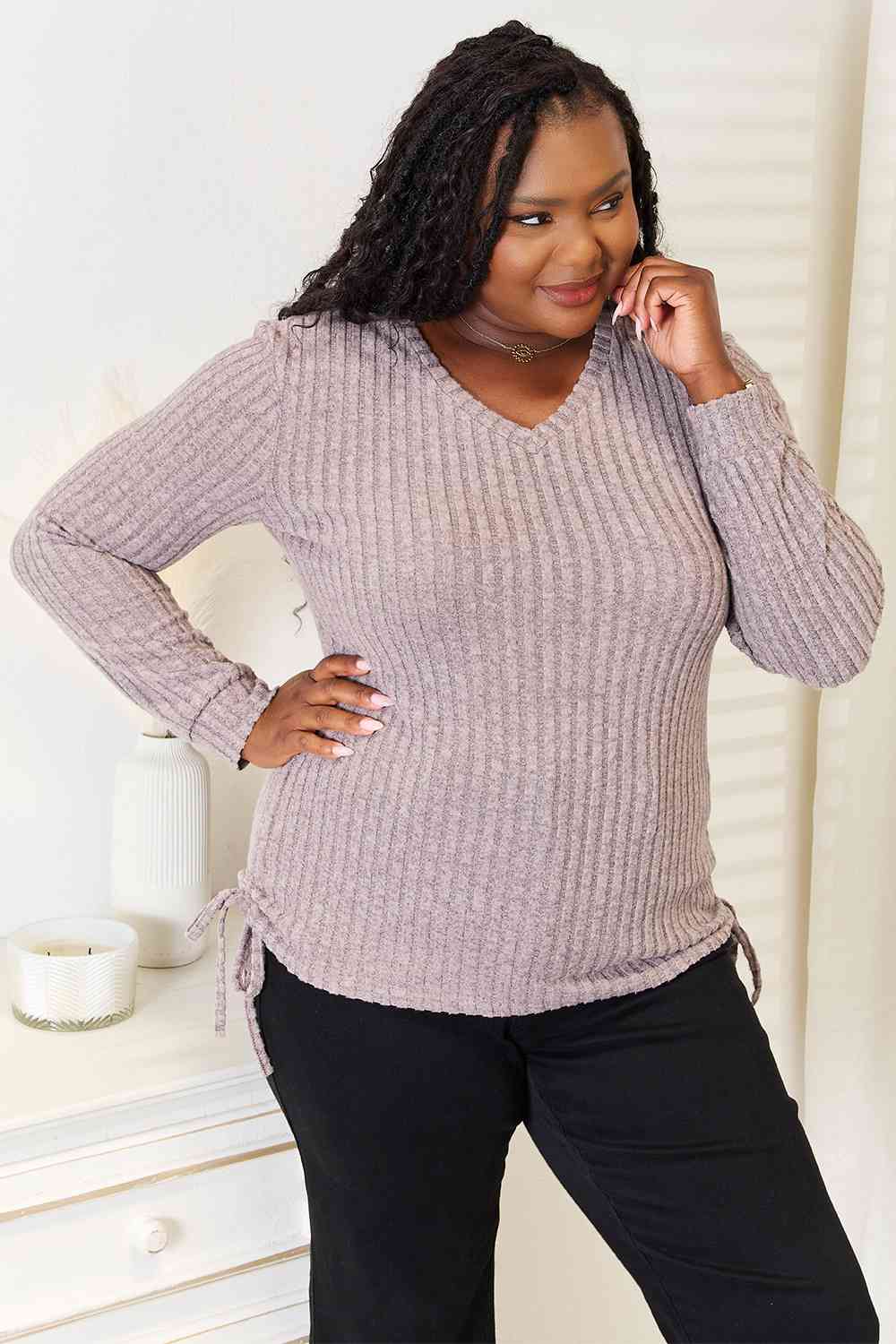 Double Take Drawstring Ribbed Long Sleeve T - Shirt - Loulou Boutique