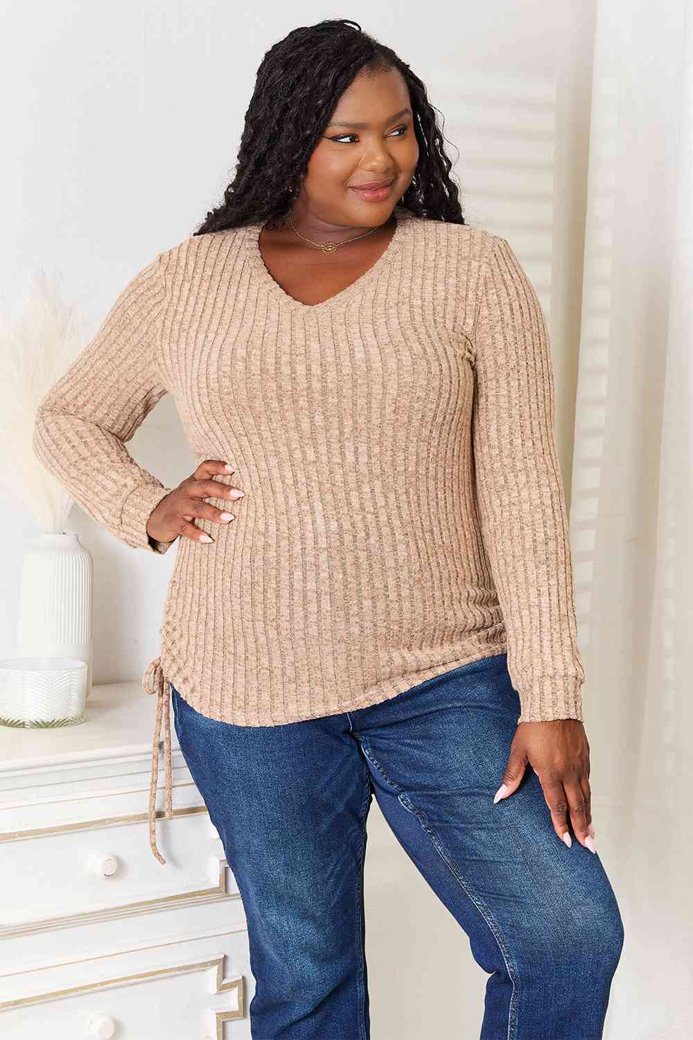 Double Take Drawstring Ribbed Long Sleeve T - Shirt - Loulou Boutique