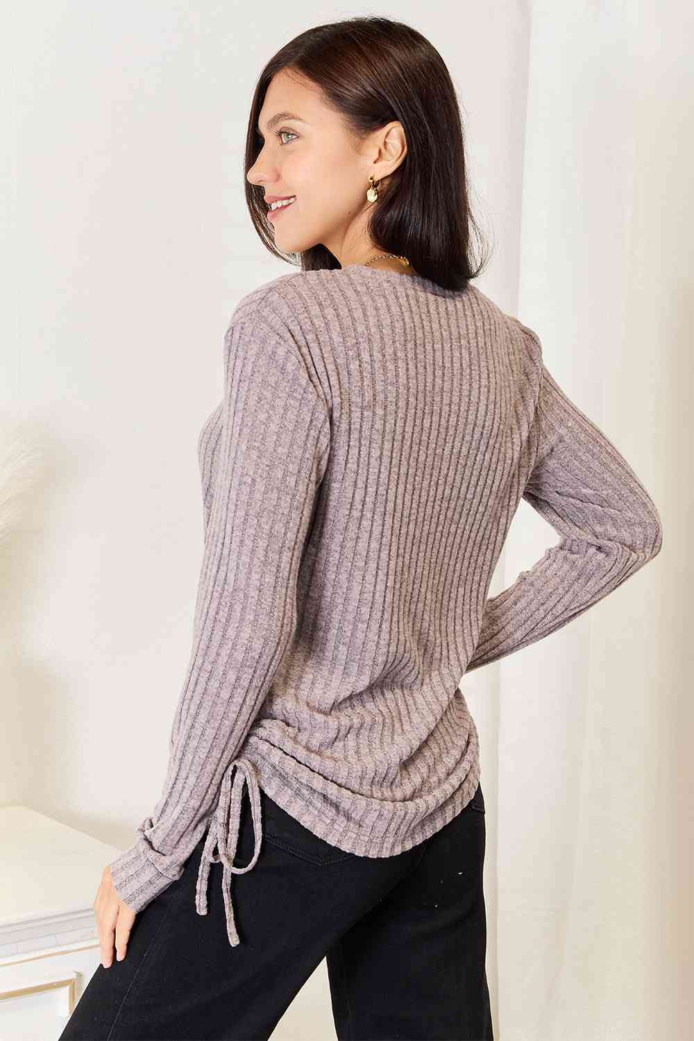 Double Take Drawstring Ribbed Long Sleeve T - Shirt - Loulou Boutique