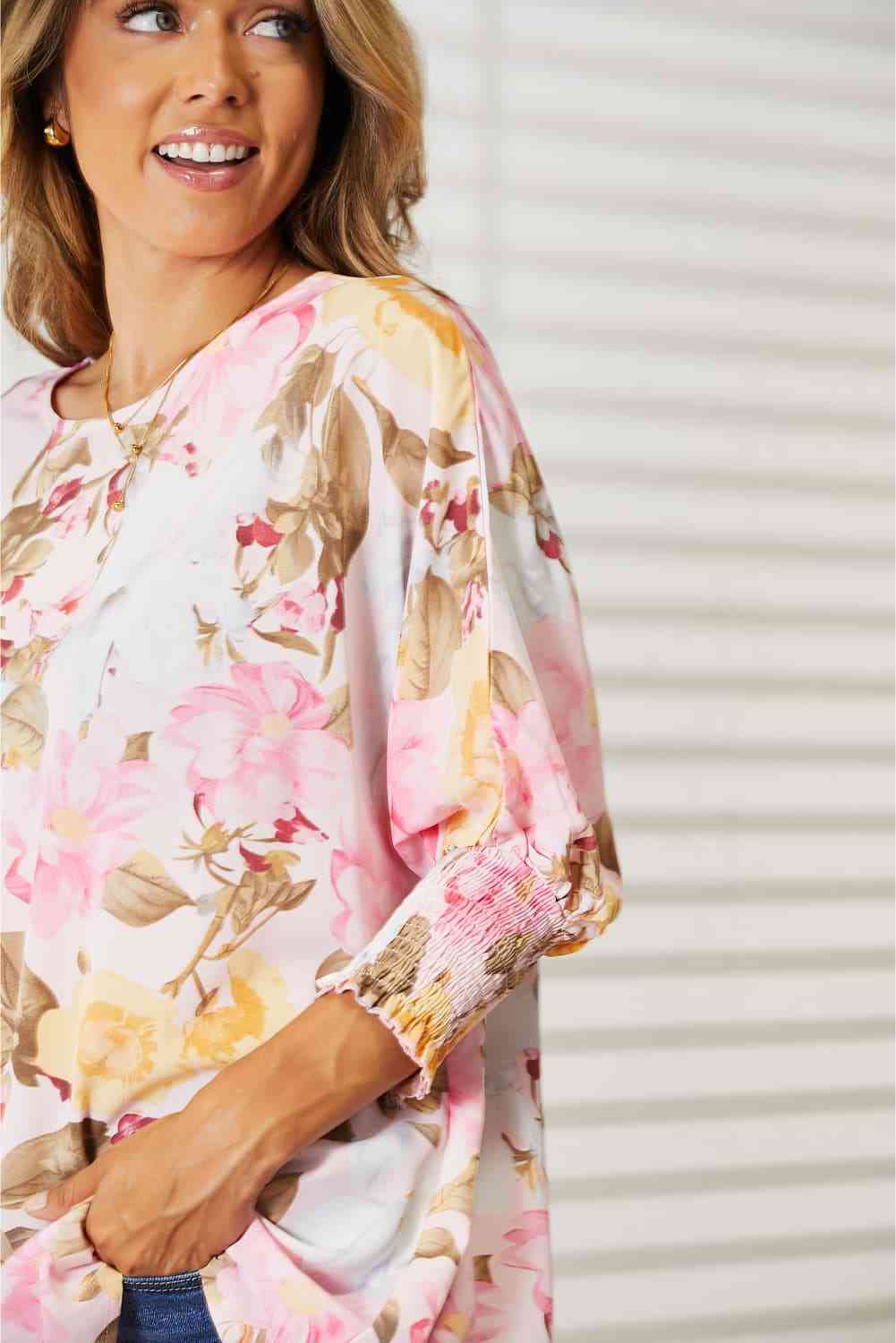 Double Take Floral Round Neck Three - Quarter Sleeve Top - Loulou Boutique